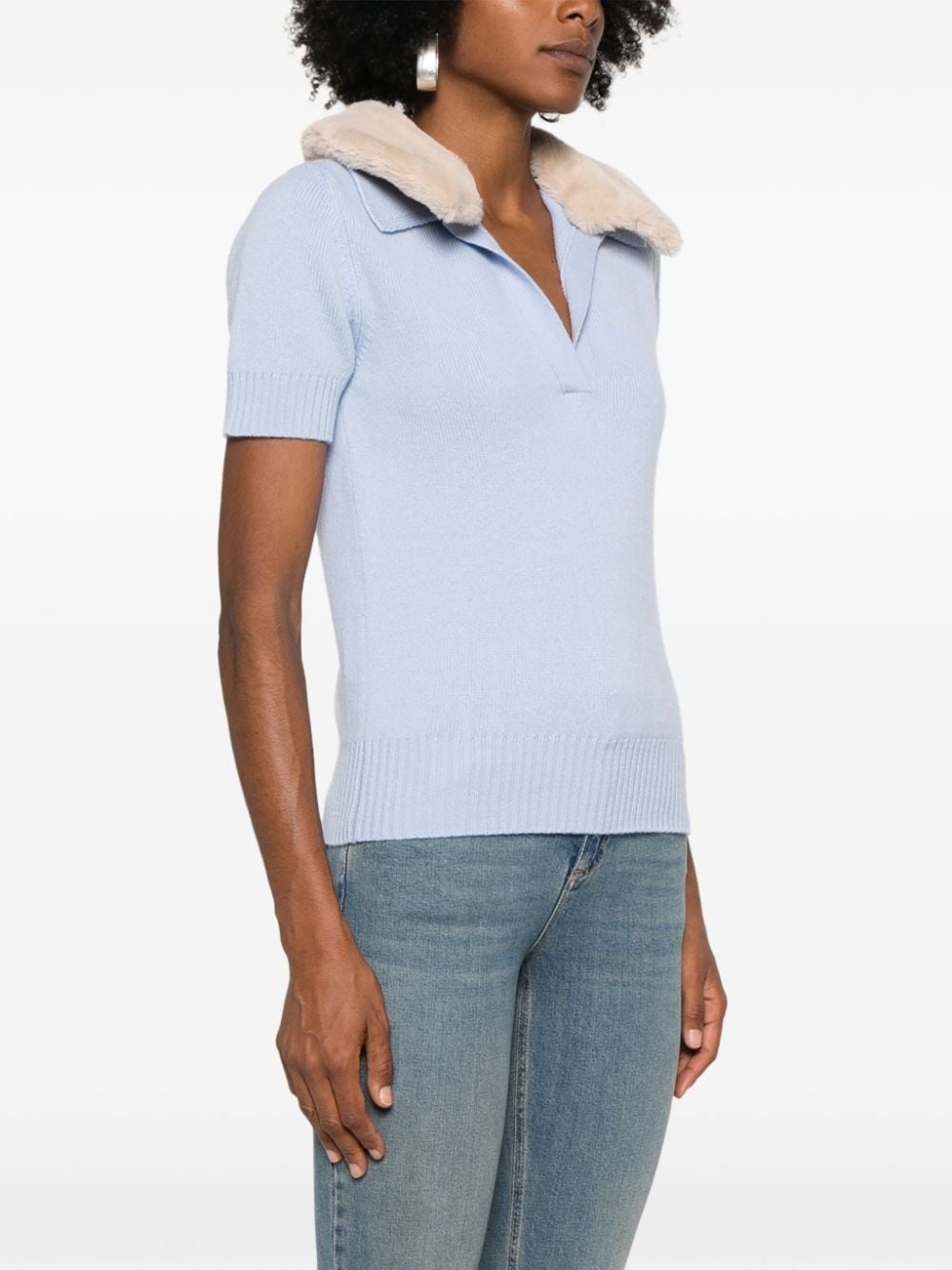 faux-fur collar polo top - 3