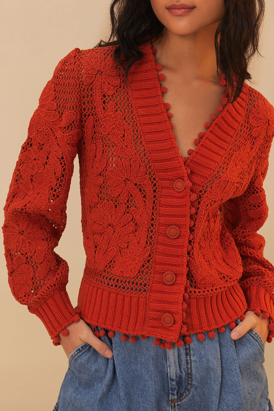 Orange Floral Knit Cardigan - 2
