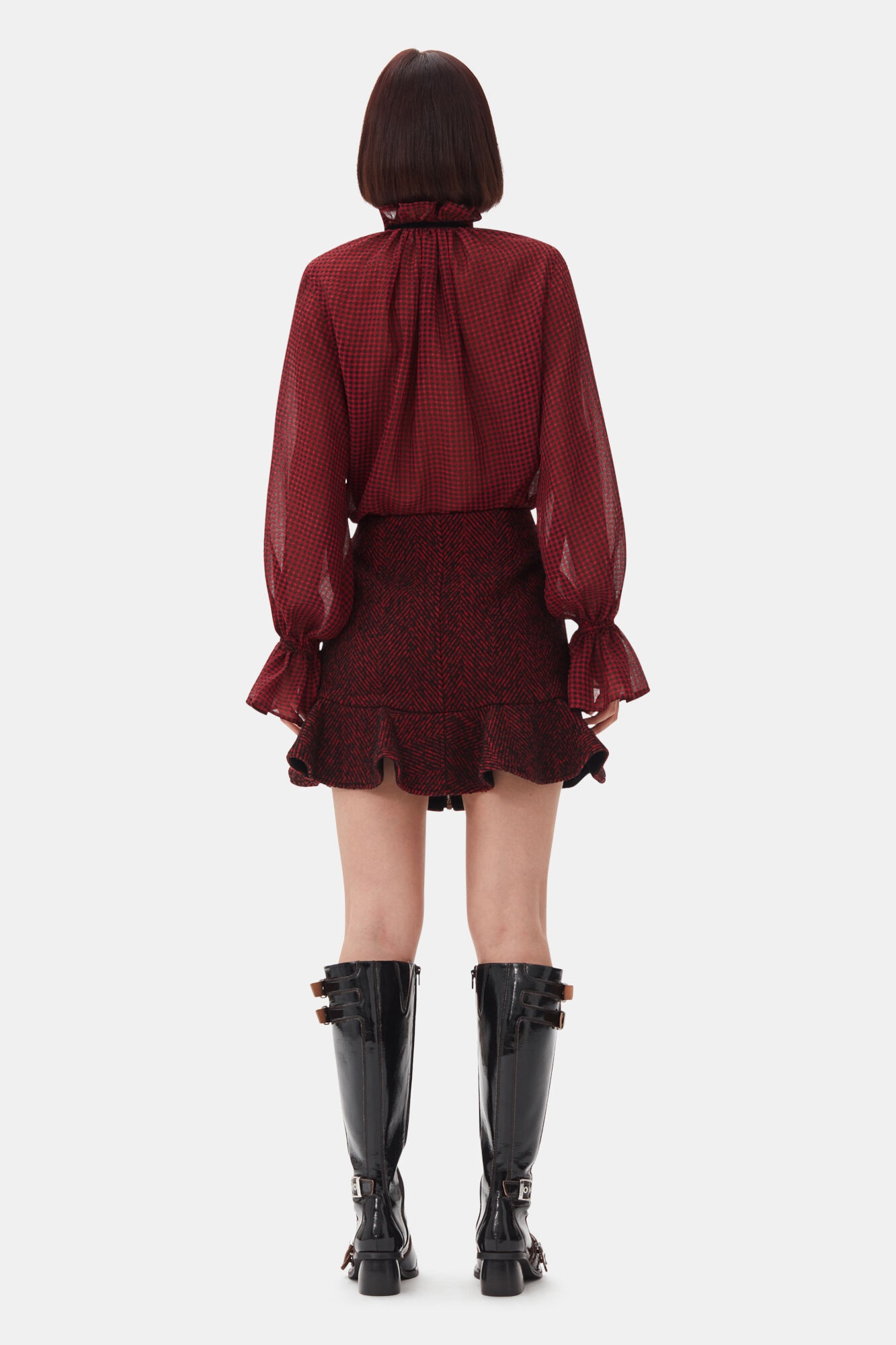 RED HERRINGBONE WOOL MINI SKIRT - 4