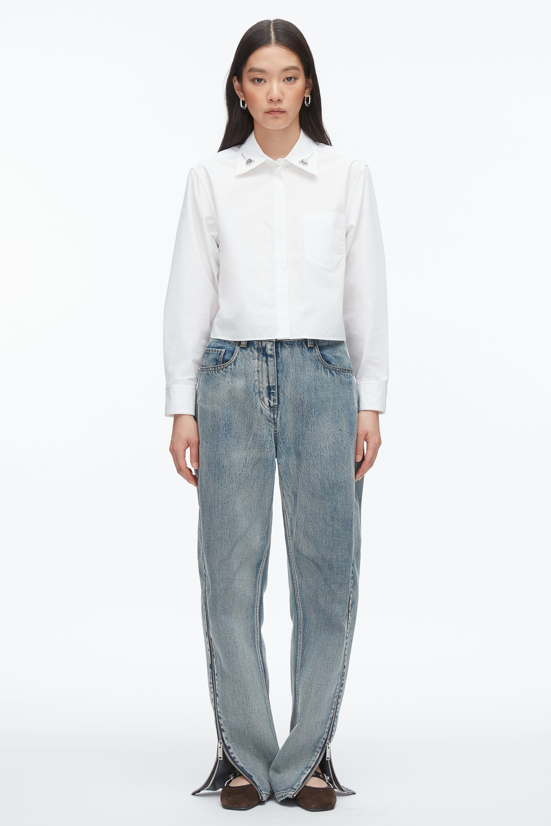 Cropped Shirt with Embroidered Collar - 2
