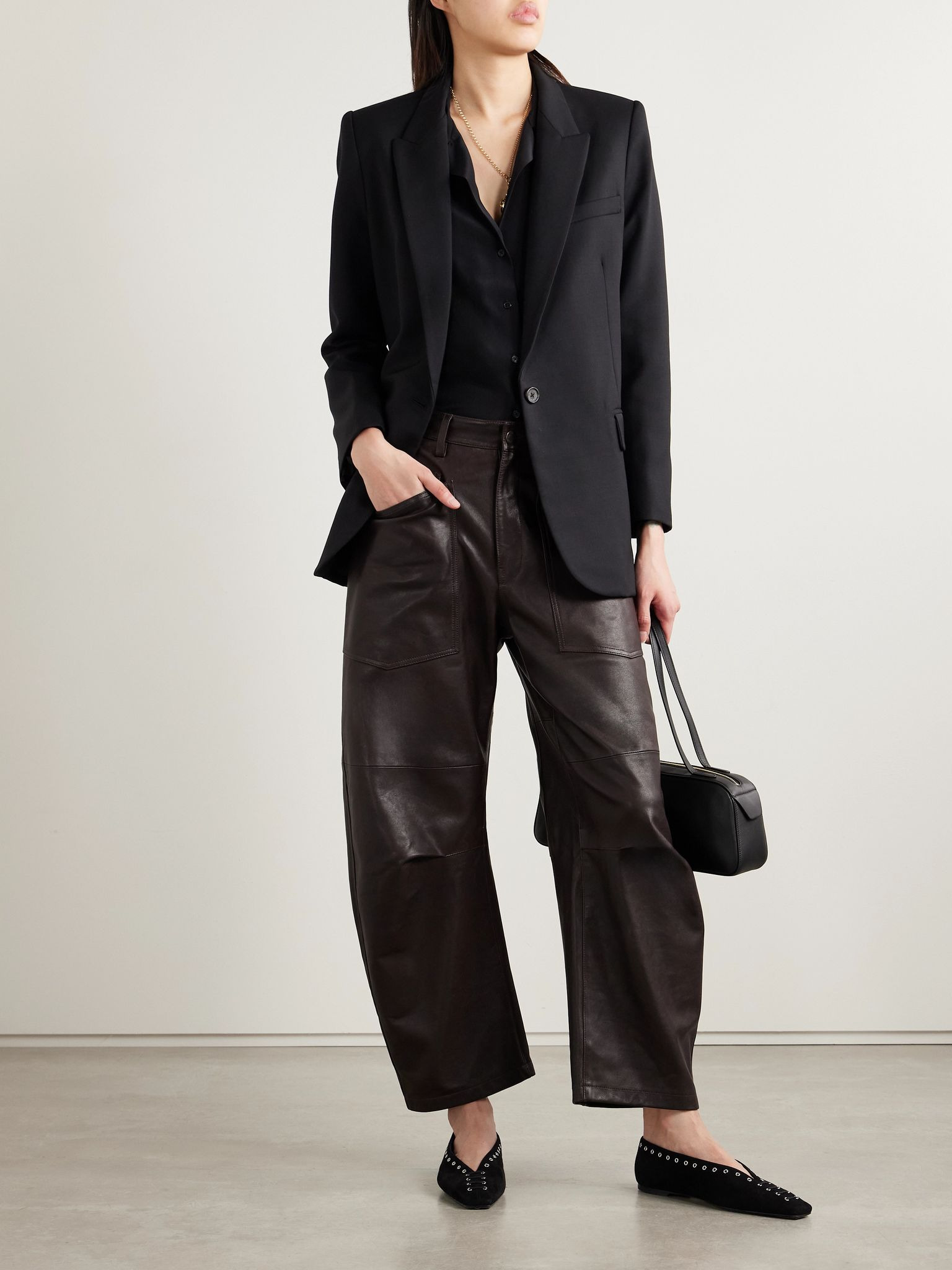 Shon leather barrel-leg pants Dark brown - 2