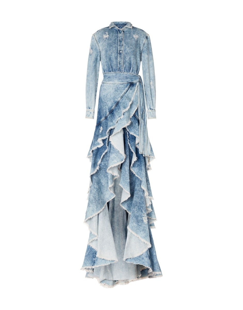 BLUE DENIM DRESS WITH TRAIN - 6