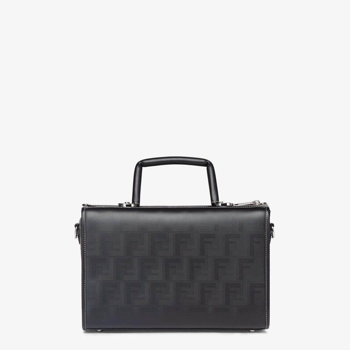 Structured-design Boston bag with zip fastening made of black leather with striped texture FF motif  - 3