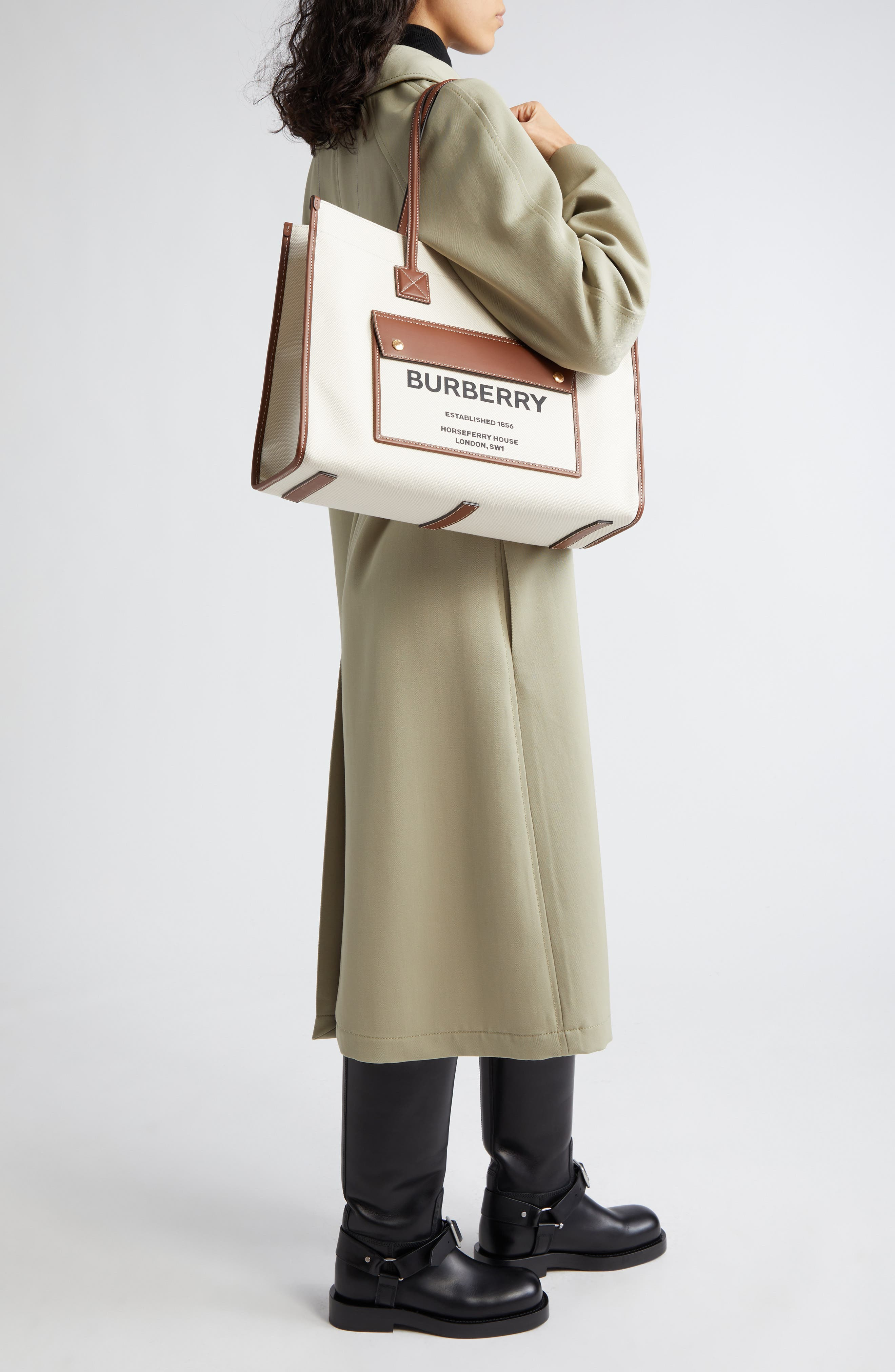 burberry Medium Towner Horseferry Print Canvas & Leather Tote in Natural/Tan at Nordstrom - 3