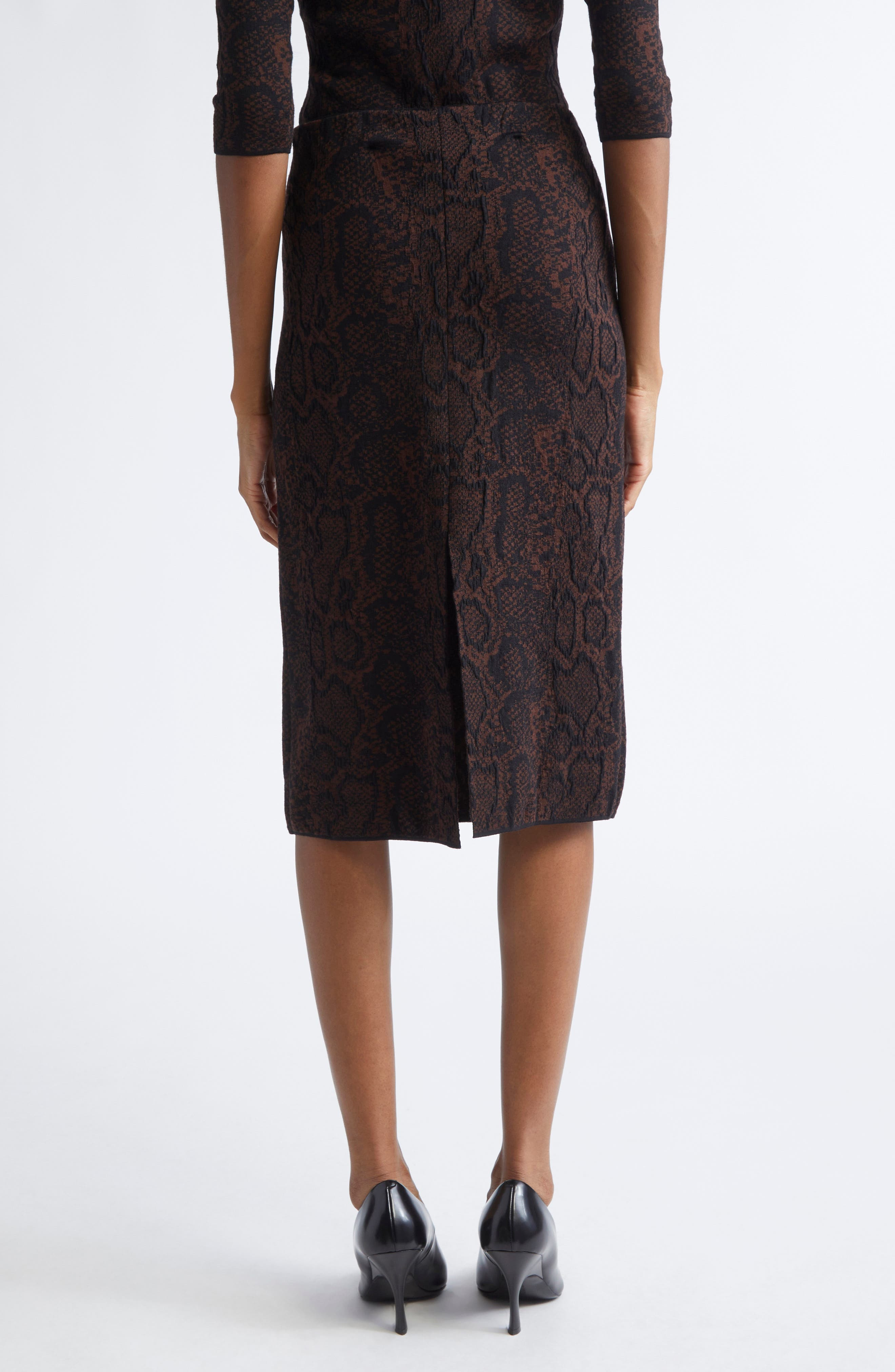 Stella McCartney Textured Snakeskin Jacquard Wool Blend Midi Skirt in Brown/Black at Nordstrom - 3