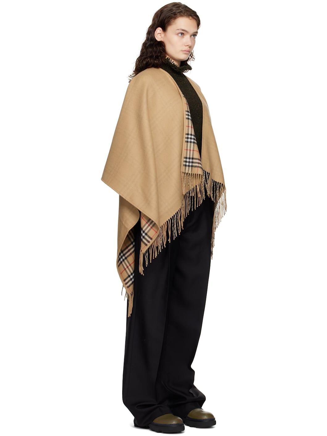 Beige Check Wool Reversible Cape - 2