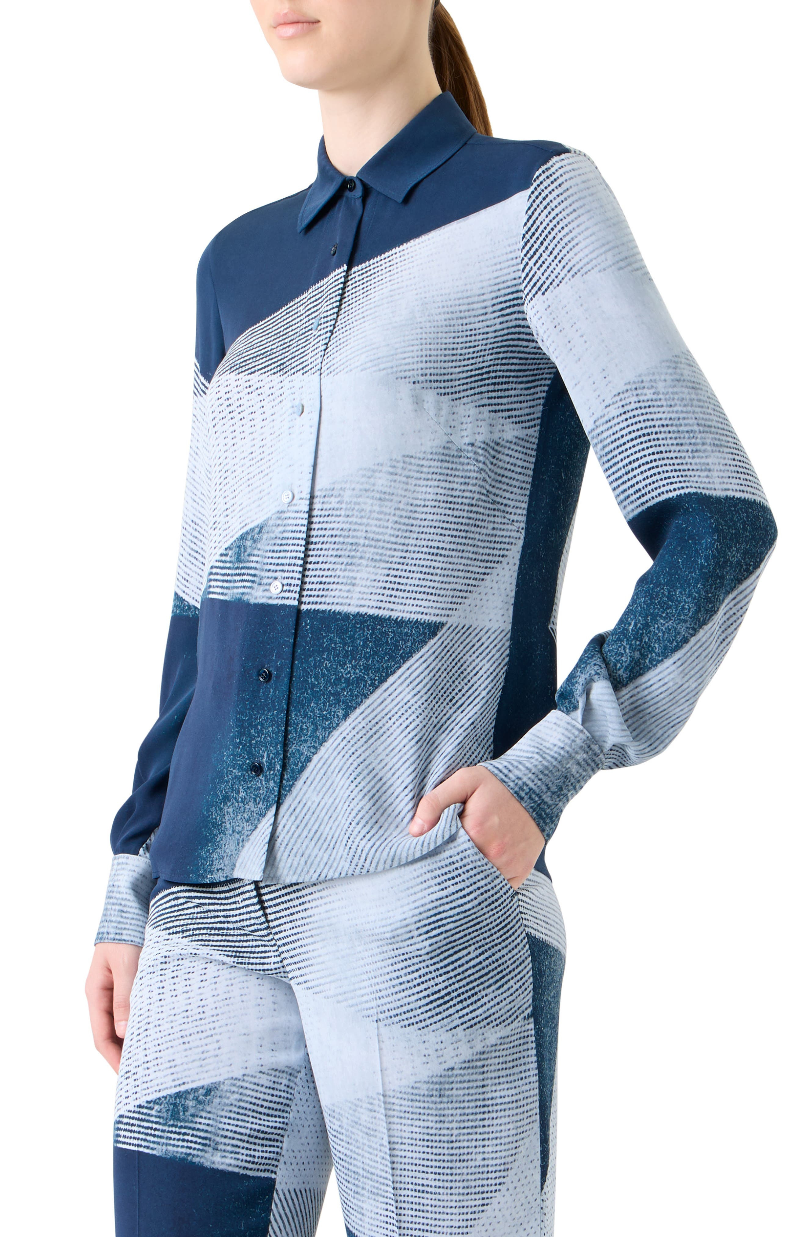 Akris Zigzag Print Silk Crepe Tunic Top in Denim-Ecru at Nordstrom - 3