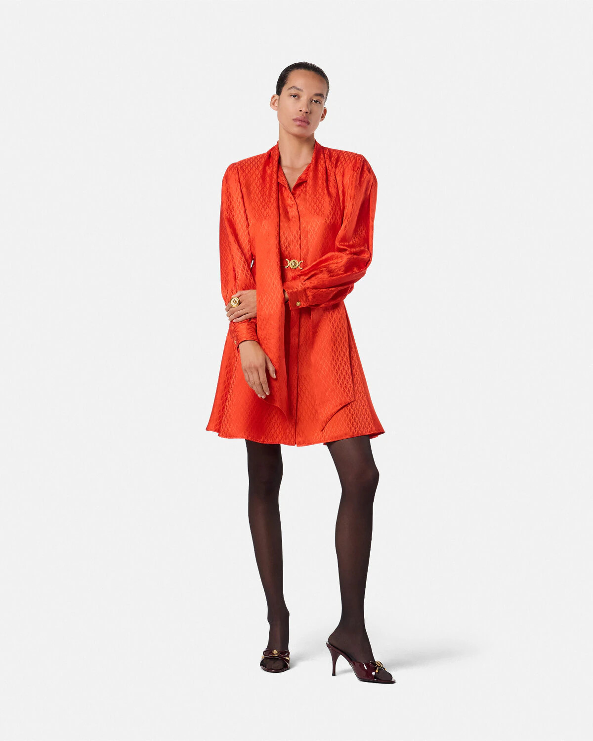 V Allover Jacquard Silk Lavallière Mini Dress - 2