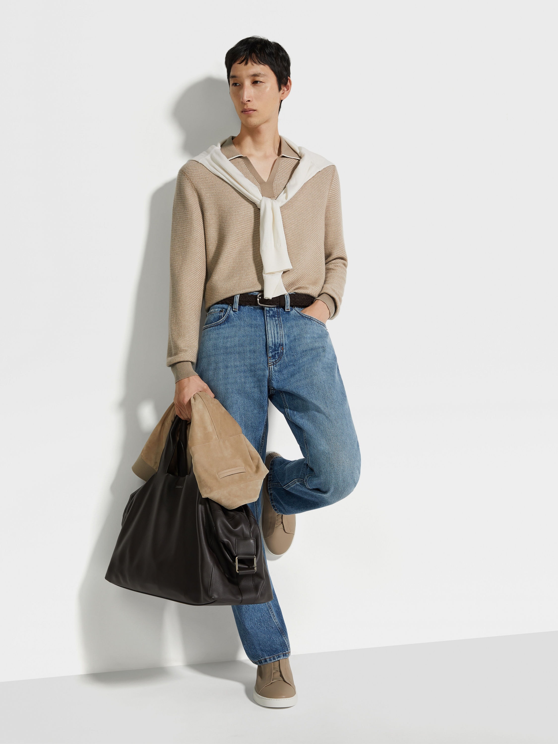 LIGHT TAUPE SILK AND CASHMERE POLO SHIRT - 3