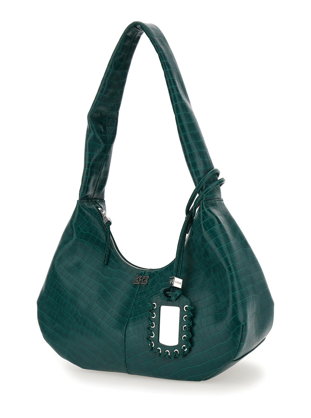 Ganni Women 'Medium Bou' Green Shoulder Bag With Crocodile Leather Effect And Logo Plaque In Leather - 2