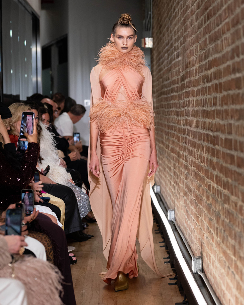 LAPOINTE Jersey Sleeveless Halter Ruched Gown With Feathers outlook