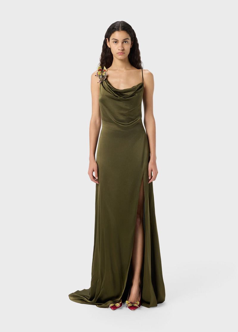 Blumarine LONG SATIN DRESS WITH BUTTERFLY AND SLIT outlook