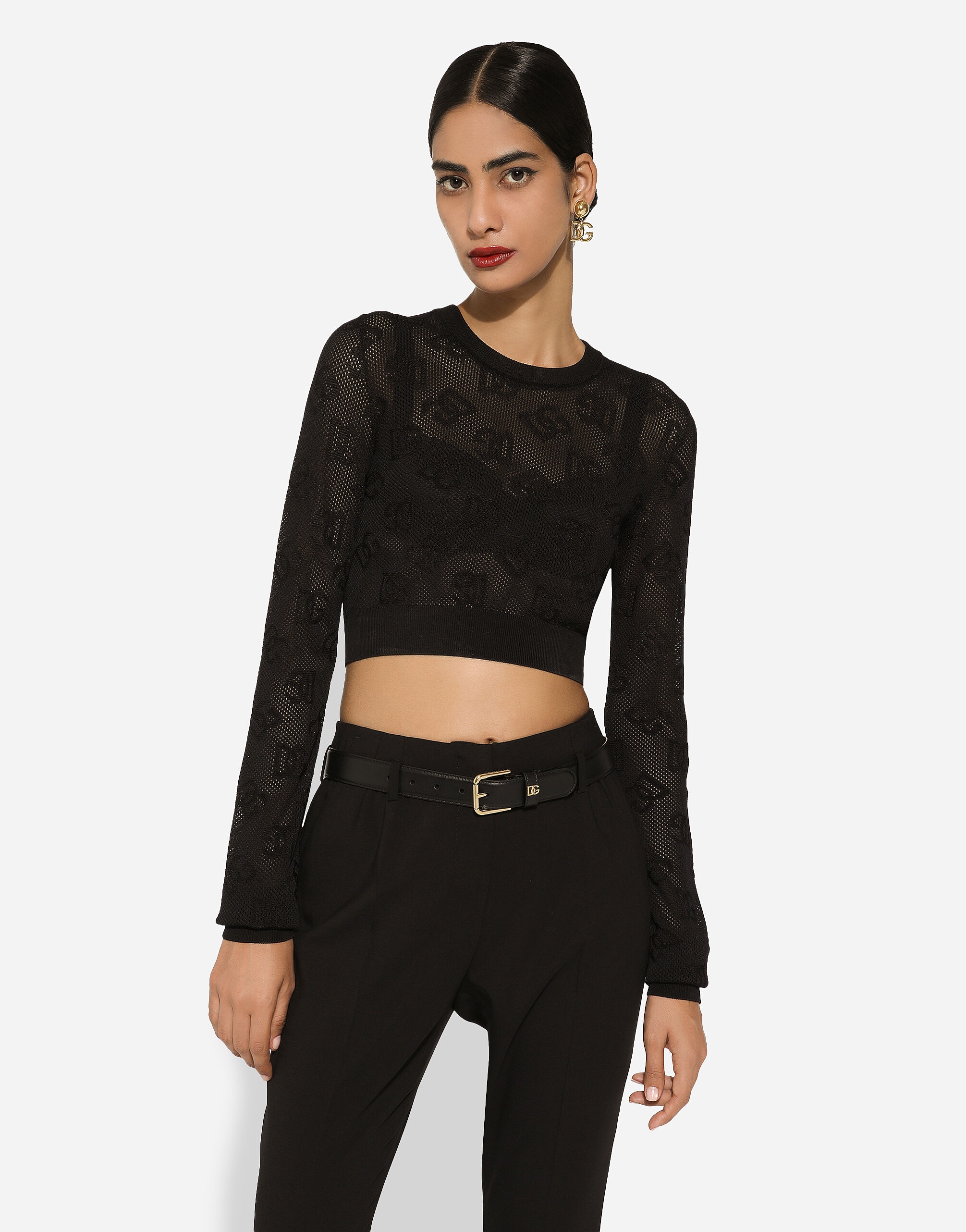 Cropped mesh-stitch viscose sweater with jacquard DG logo - 4