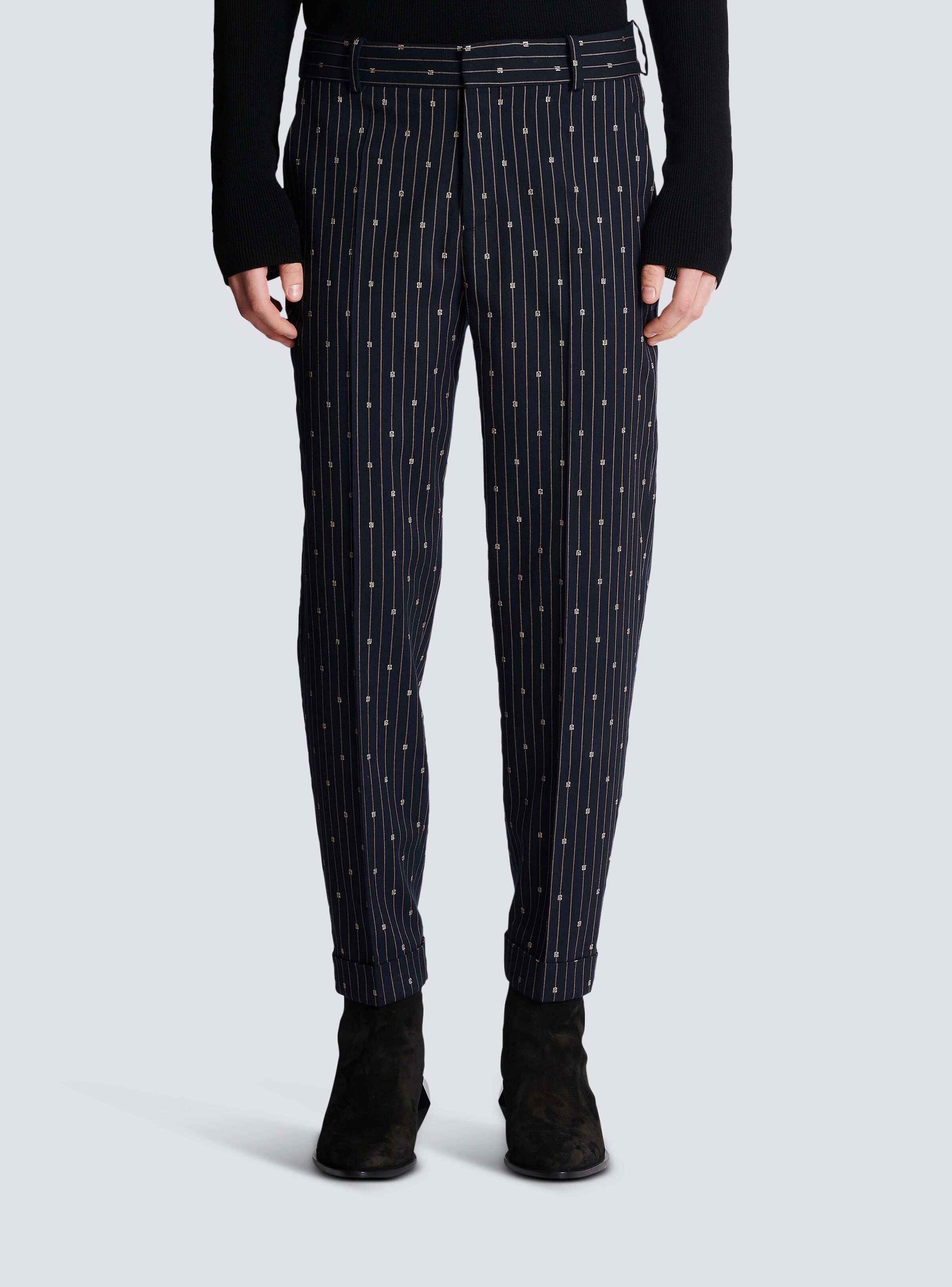 Monogrammed wool trousers with creases and thin stripes - 5