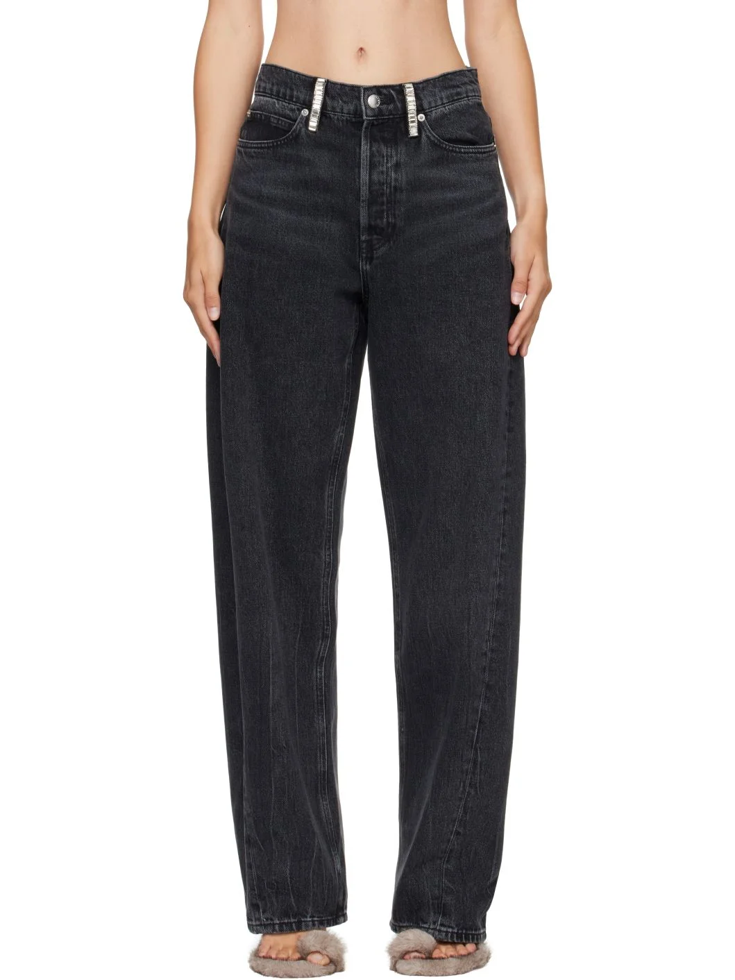 Black Crystal Hotfix Belt Loop Mid-Rise Relaxed Jeans - 1