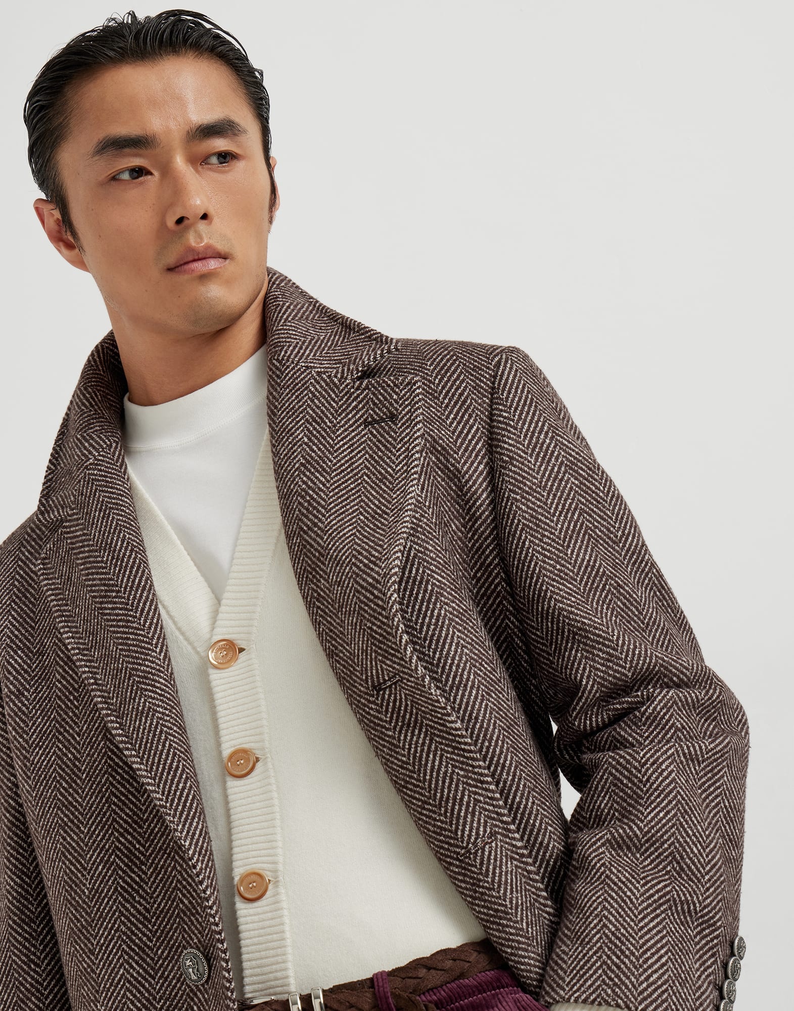 Cashmere and silk chevron flannel coat with metal buttons - 3