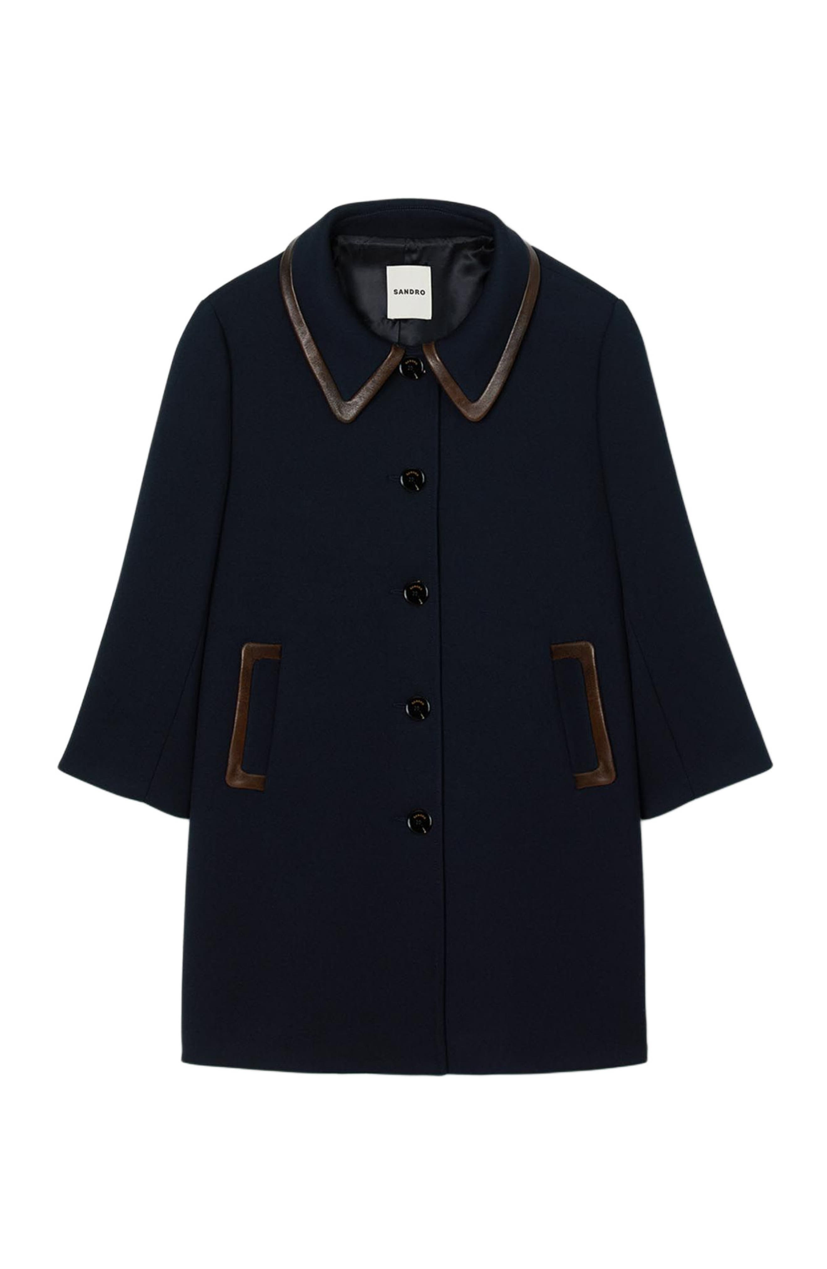 SANDRO Coat with leather stripes in Navy Blue at Nordstrom - 5
