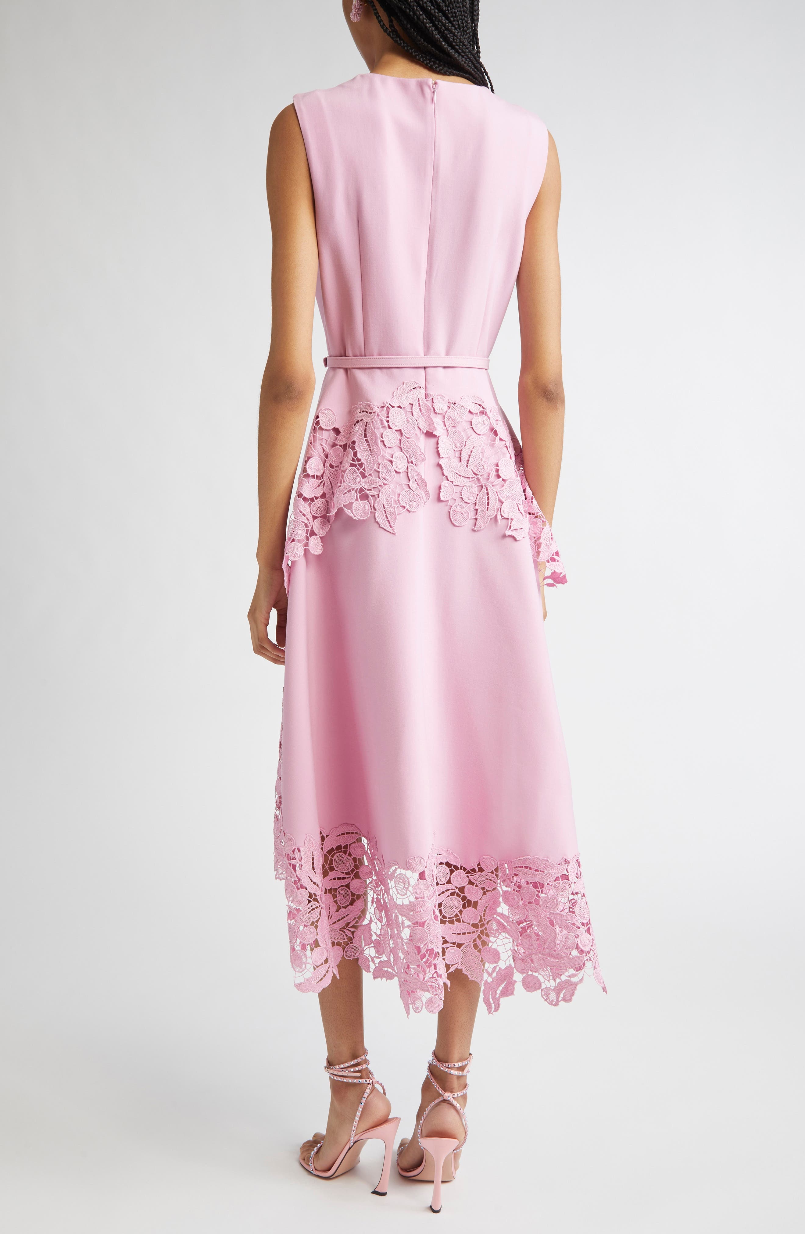 Oscar de la Renta Cherry Blossom Guipure Lace Trim Belted Midi Dress in Lily at Nordstrom - 2