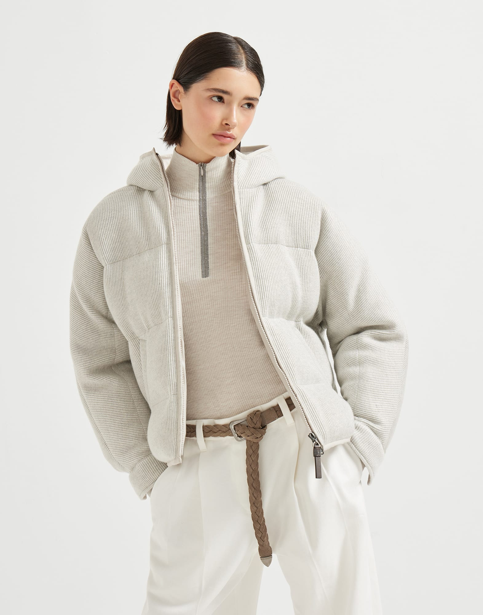 Sparkling cashmere English rib knit hooded down jacket with shiny zipper pull - 4