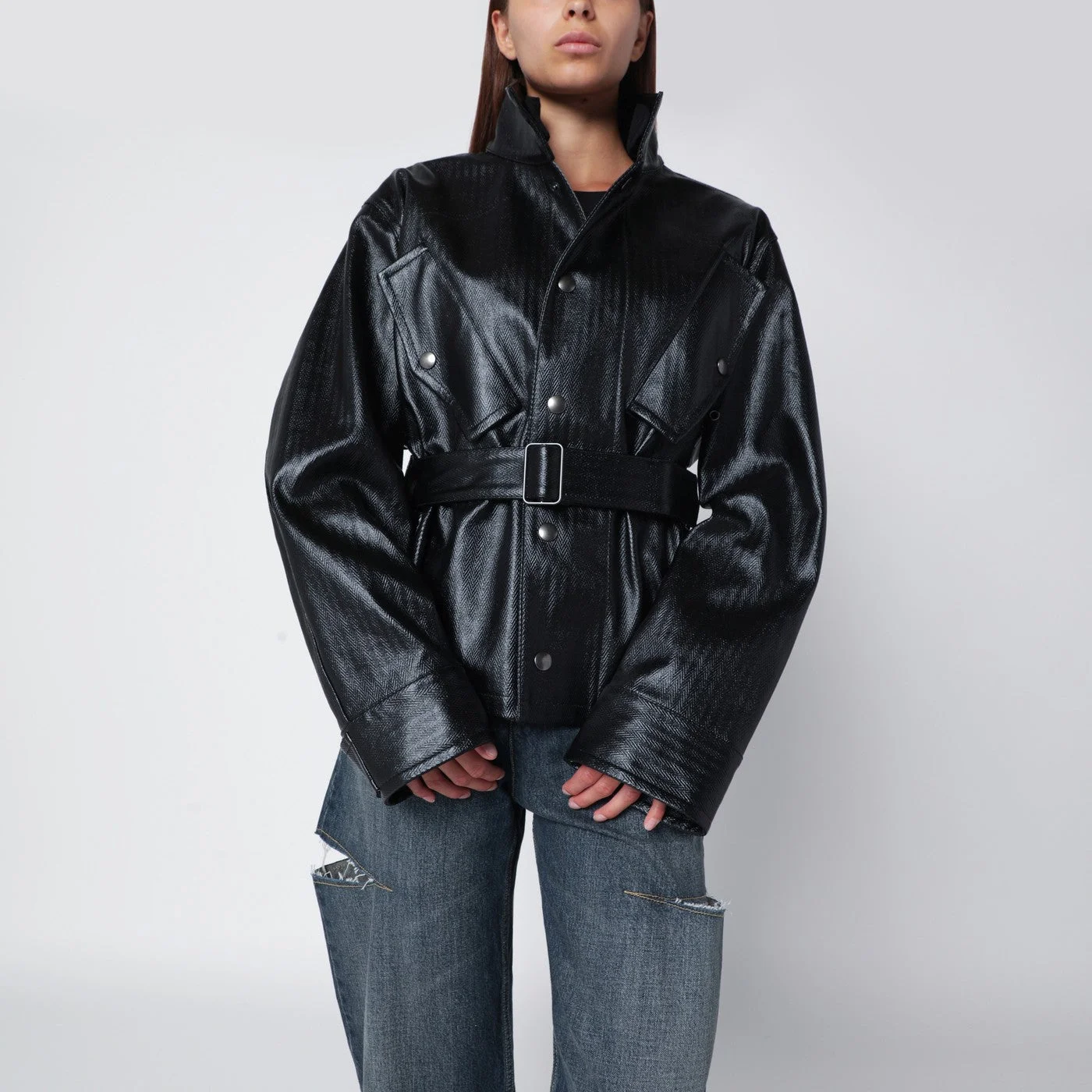 Black cotton laminated belted jacket - 1