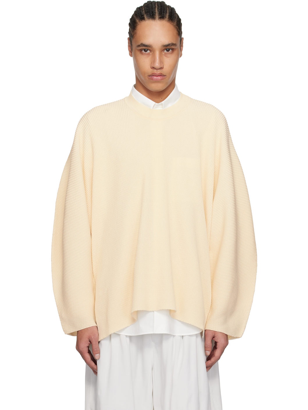 Beige Tight Twist Cotton Knit Sweater - 1
