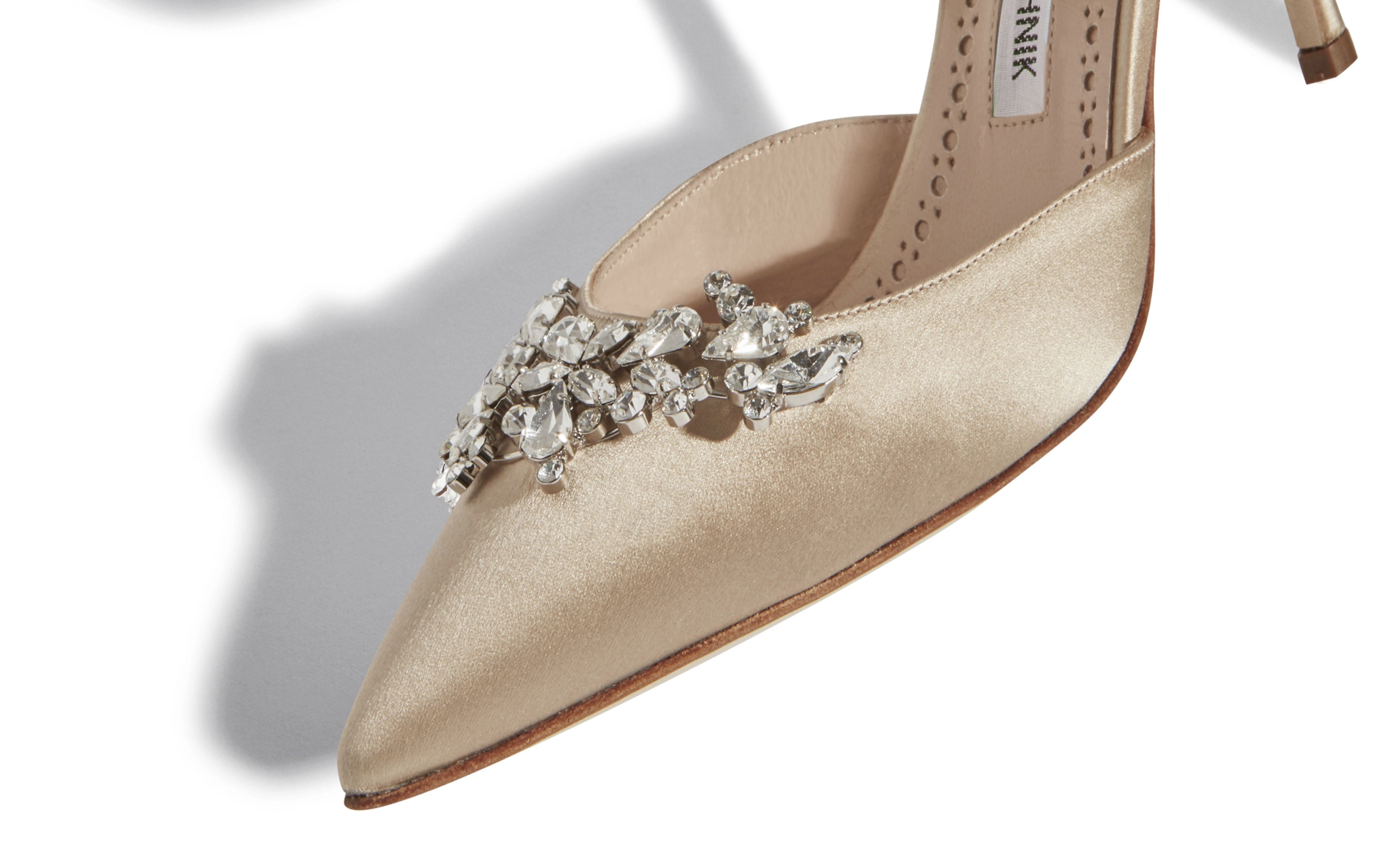 Champagne Satin Crystal Embellished Mules - 4