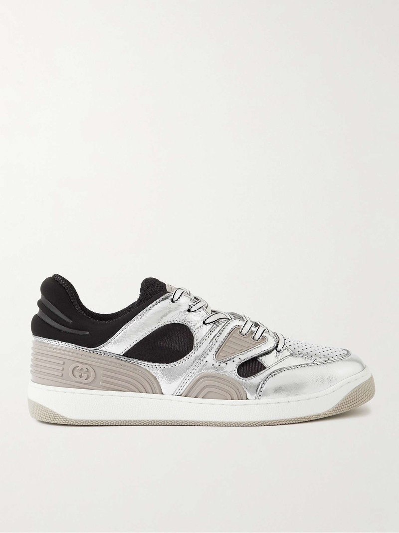 GUCCI Basket Distressed Metallic Leather, Jersey, Mesh and Rubber Sneakers outlook