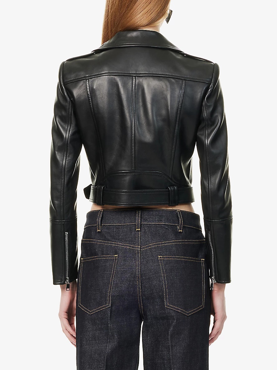 Cropped Biker-Collar Slim-Fit Leather Jacket - 4
