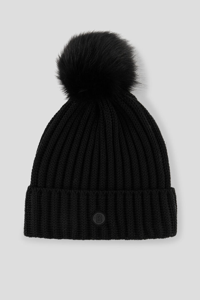 Ranya Knitted hat with lambskin pompom in Black - 1