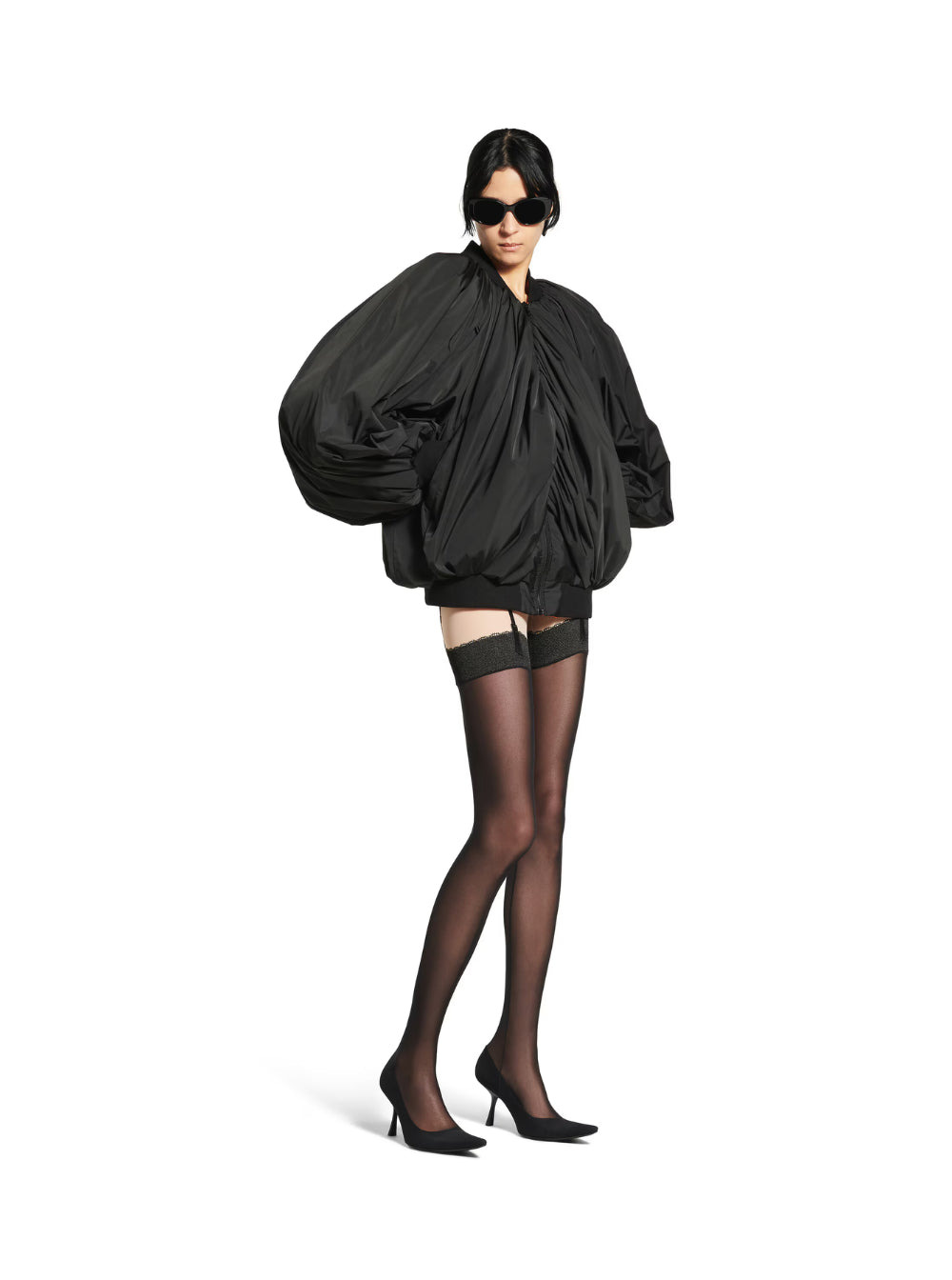 Balenciaga Women Black Bomber Draped Jacket With Elastic Rear Hem In Tech Fabric Woman - 4