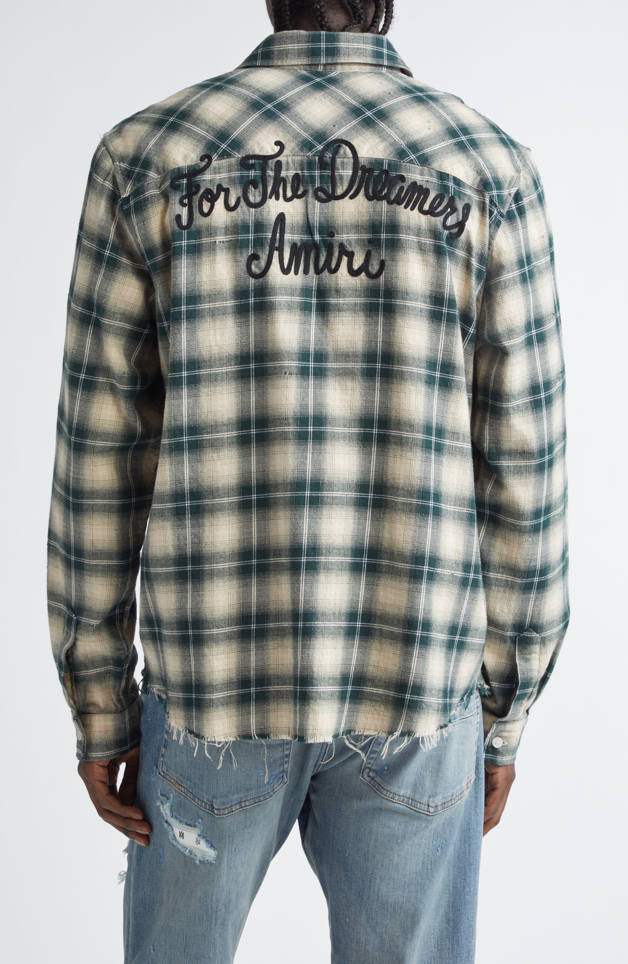 AMIRI Shotgun Distressed Plaid Flannel Button-Up Shirt in Evergreen at Nordstrom - 2