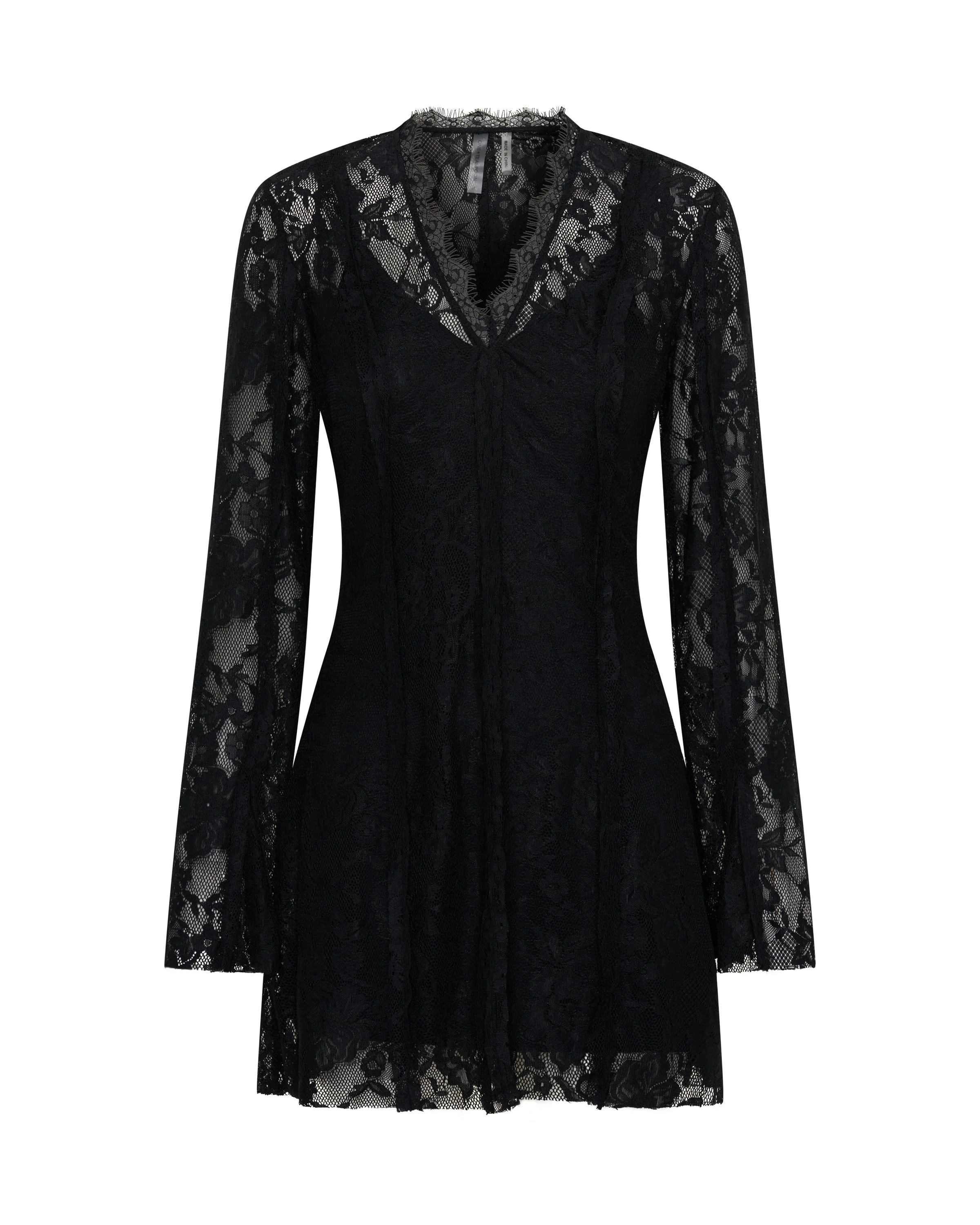 Vintage Whisper Lace Longsleeve Mini Dress - Black - 1