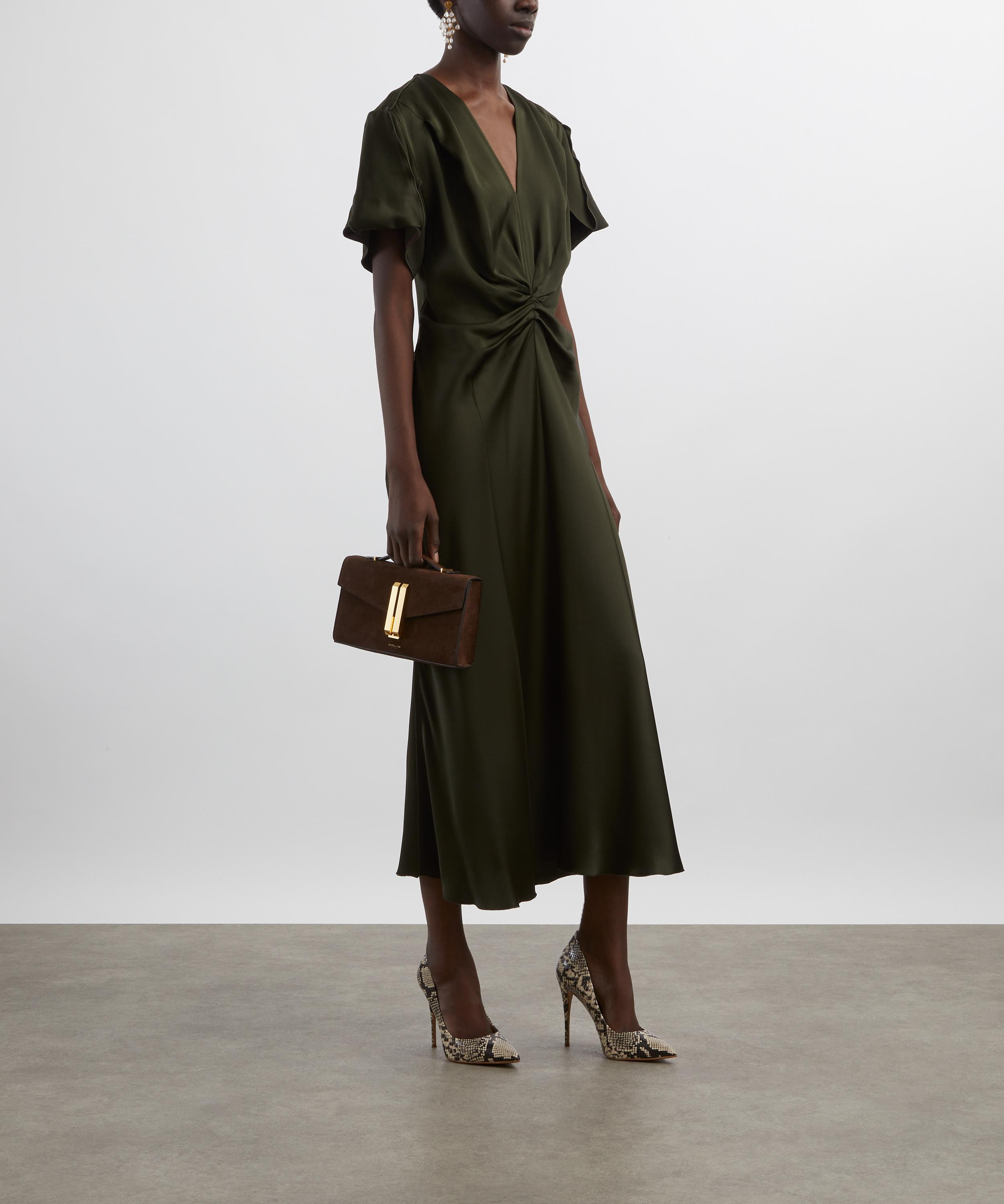 Dark Olive Gathered V-Neck Midi Dress - 2