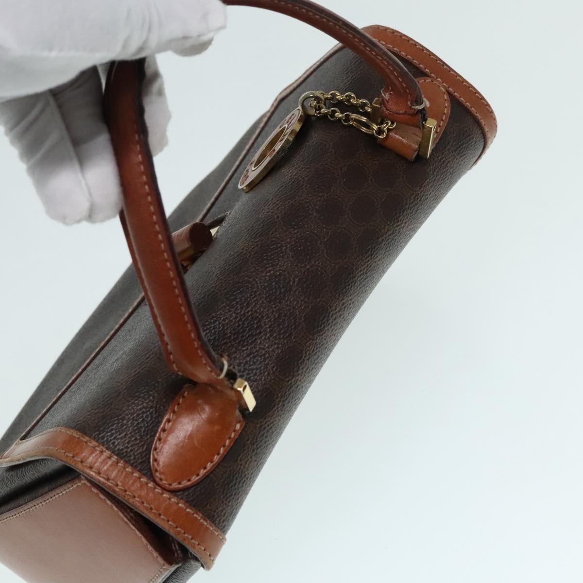 CELINE Macadam Canvas Hand Bag Pvc Leather Brown Gold - 7