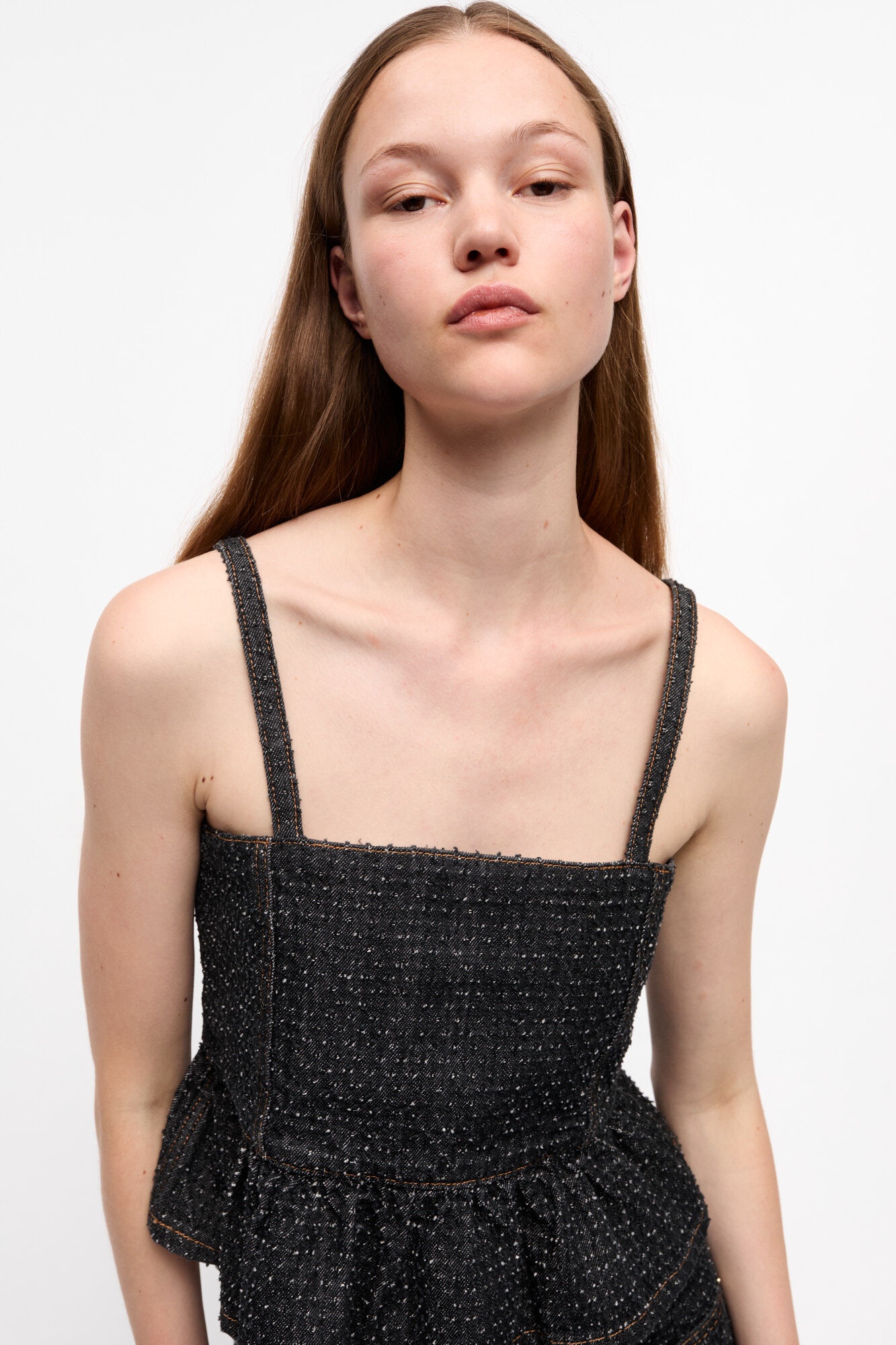 BLACK FLUFFY DENIM STRAP TOP - 5