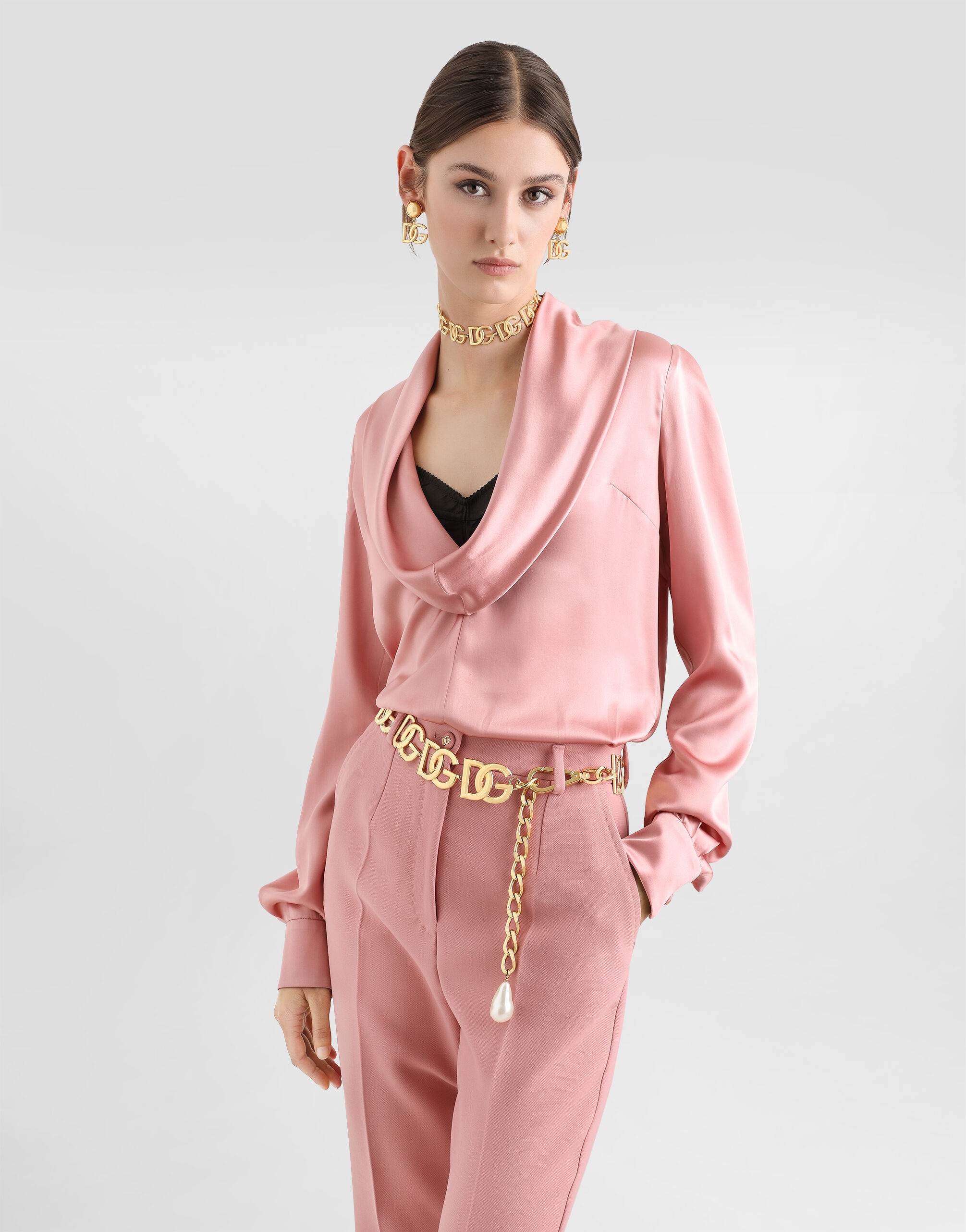 Silk satin blouse with shawl neck - 4