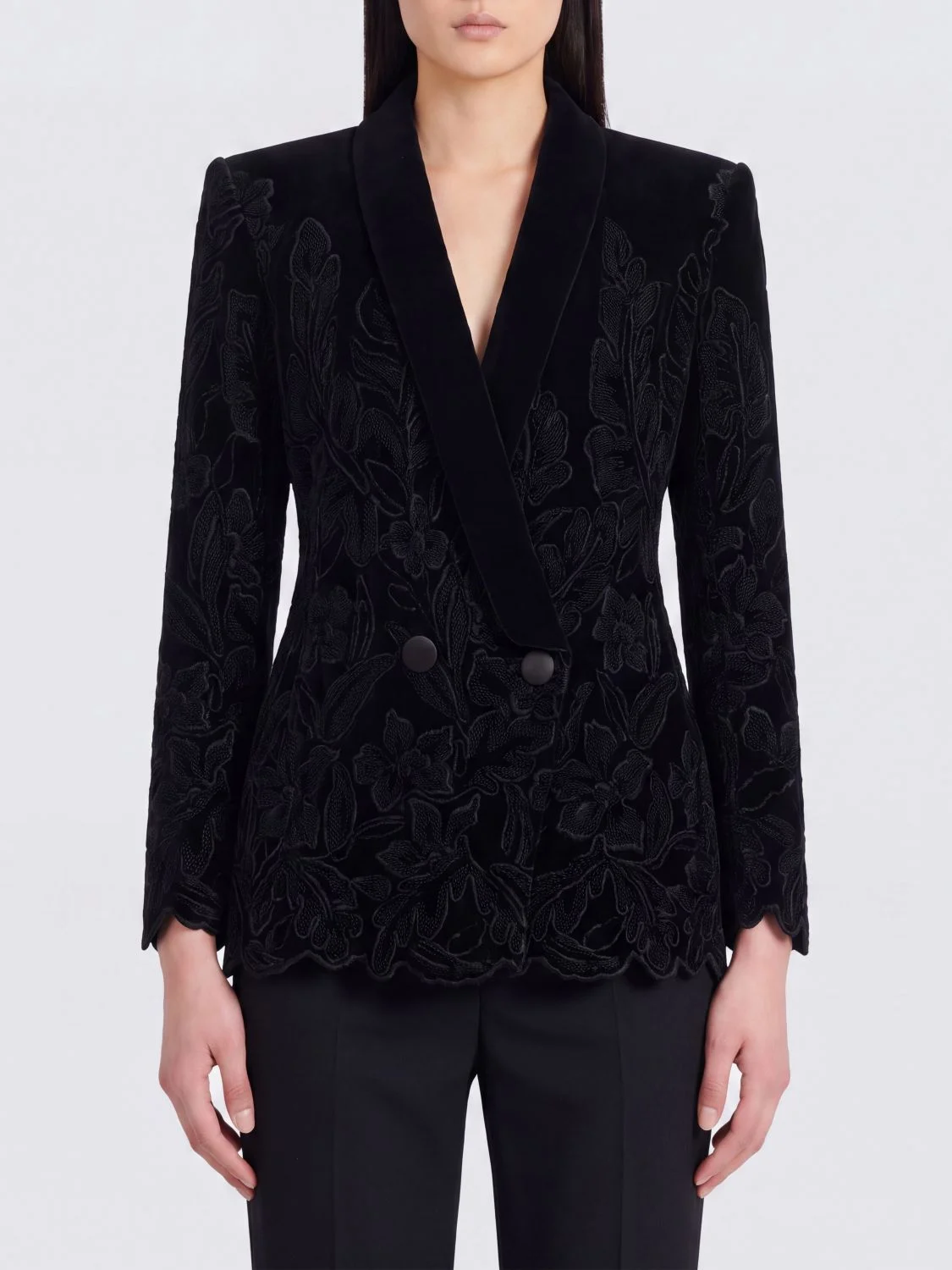 BALMAIN Double-Breasted Velvet Blazer with Floral Embroidery and Shawl Collar - 1
