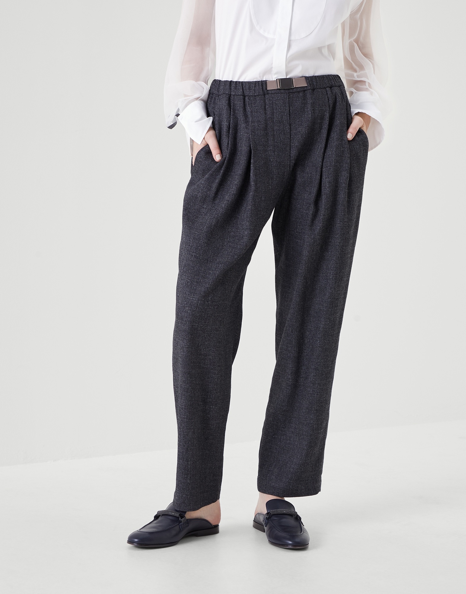 Comfort viscose, linen and virgin wool grisaille sartorial jogger trousers with belt - 1