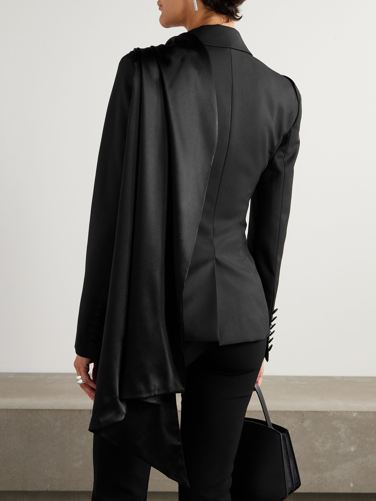 Double-breasted draped satin-trimmed wool blazer Black - 3