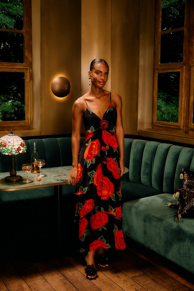 Black Latin Roses 3D Flower Layered Maxi Dress 3