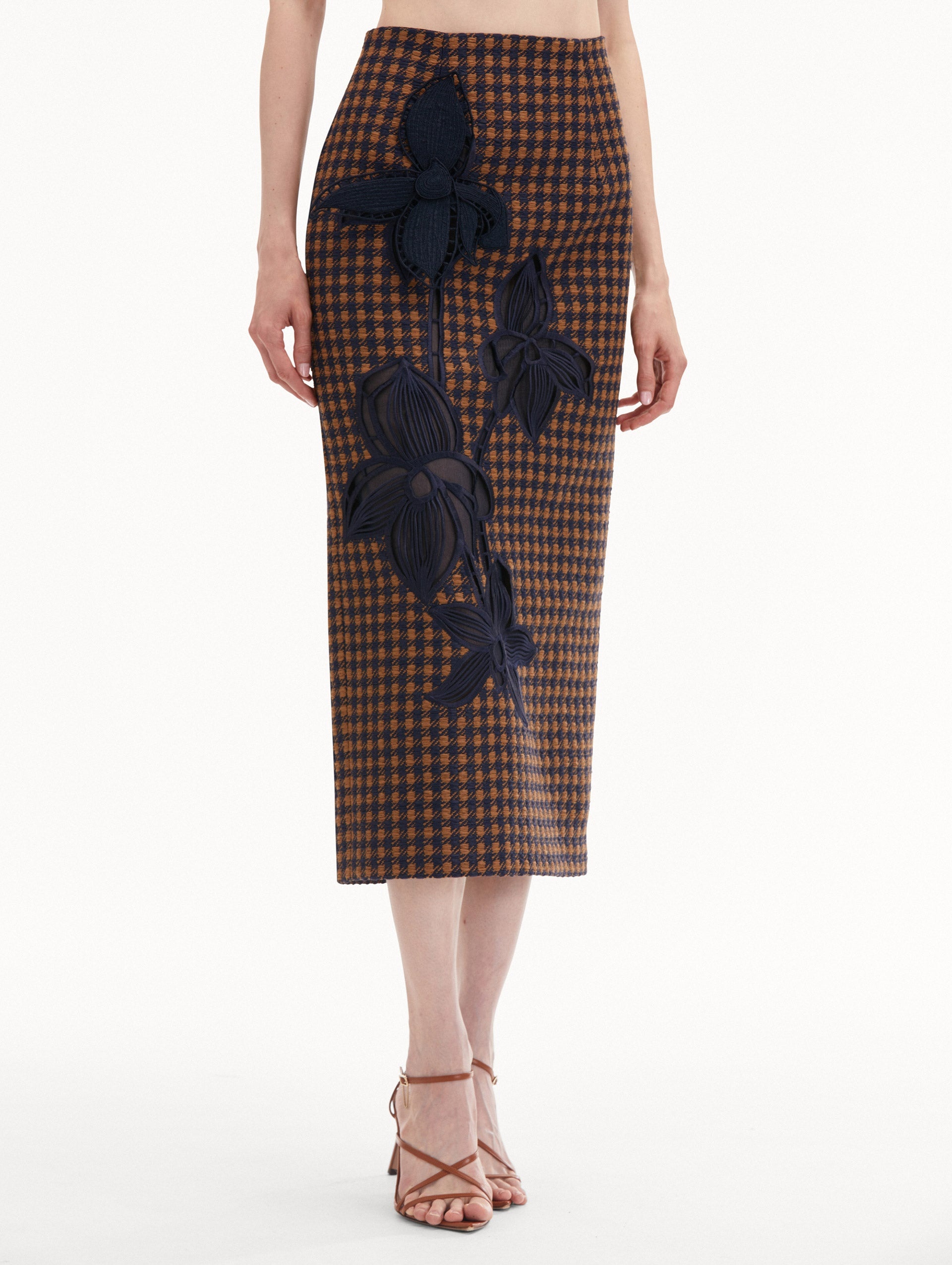 CHECK TWEED ORCHID EMBROIDERED PENCIL SKIRT - 4