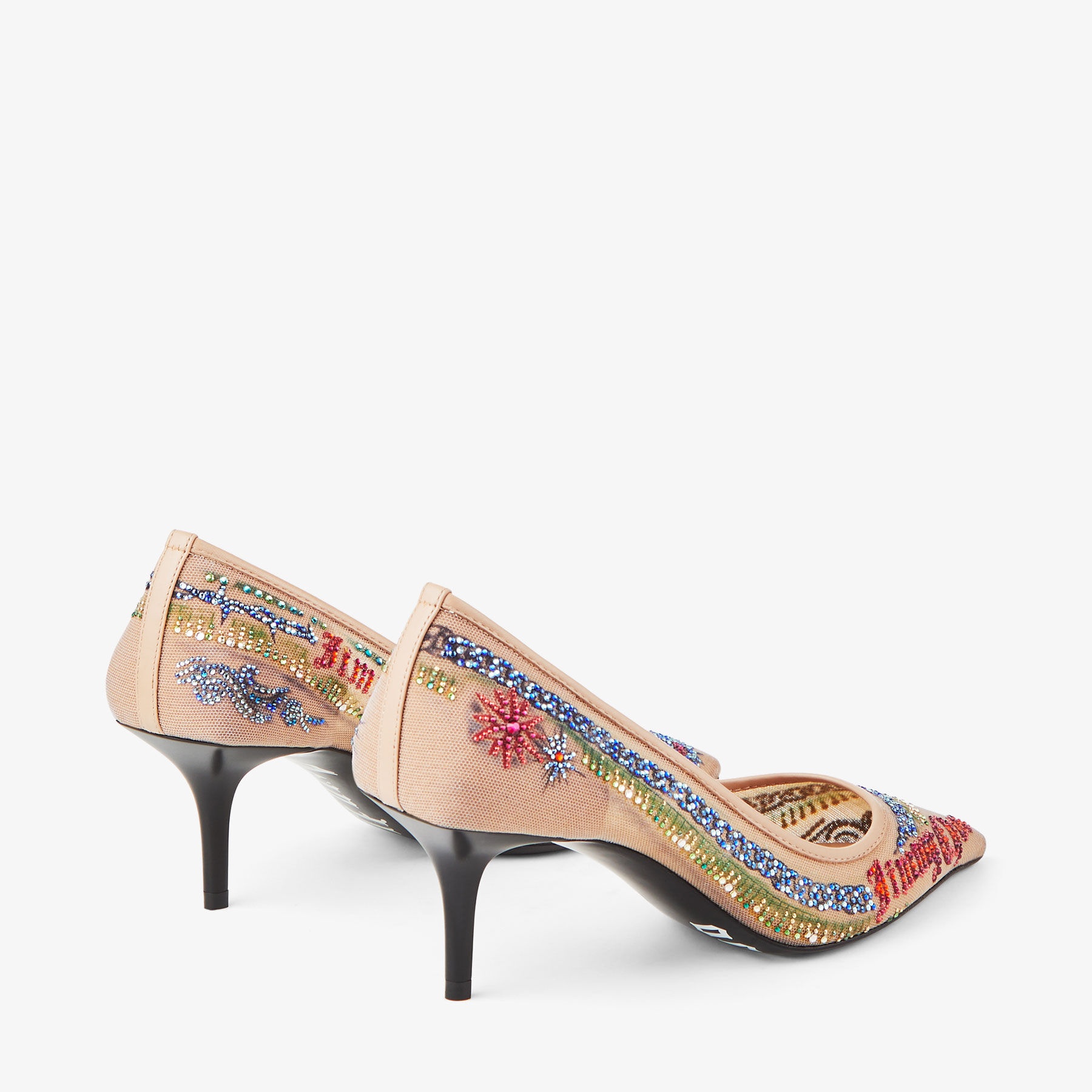 Jimmy Choo / Jean Paul Gaultier Pump 60
Beige Tattoo Print Mesh Pumps with Swarovski Crystals - 7