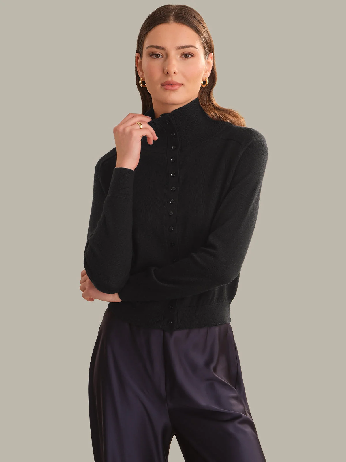 Edith Saddle Shoulder Mock Neck Cardigan - 1