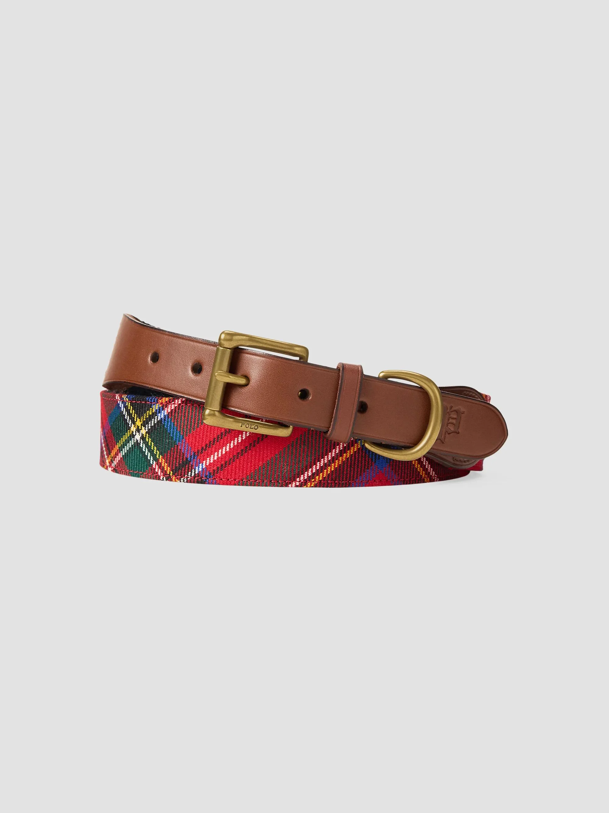 Men's Leather-Trim Tartan Wool Belt - Red Tartan - 1