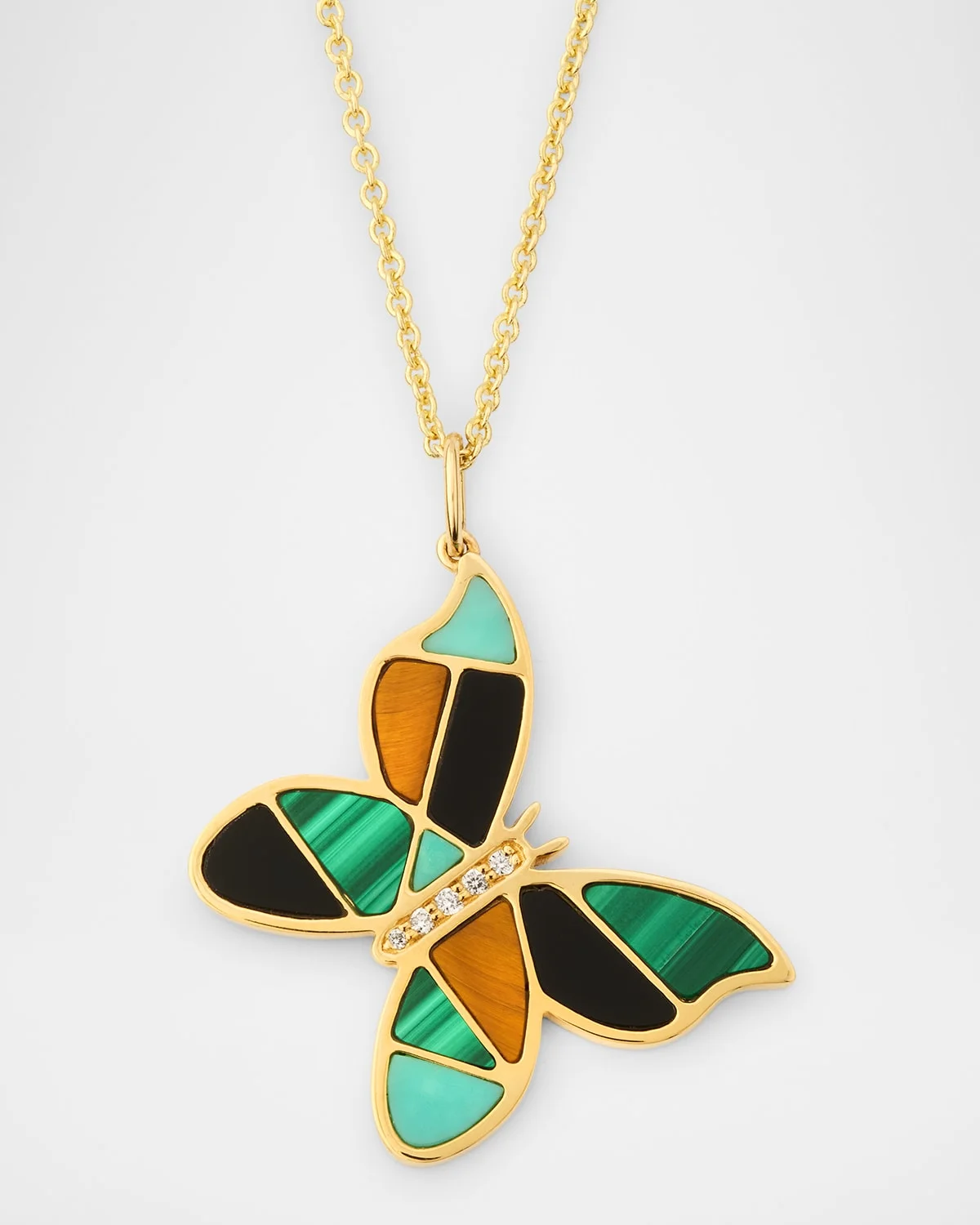 Mosaic Gemstone Butterfly Pendant with Diamonds on Tiffany Chain Necklace - 1