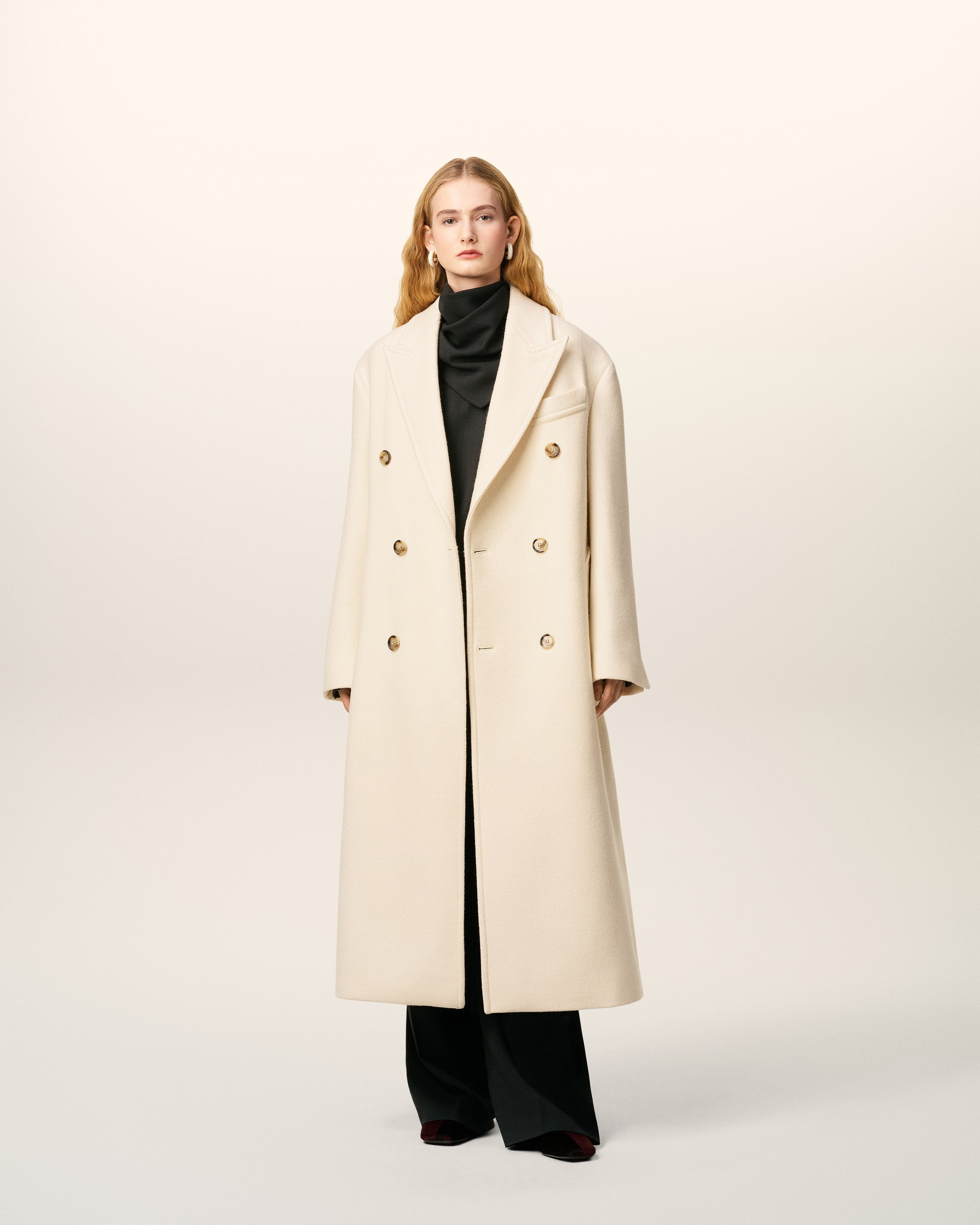 WHITE WOOL DOUBLE BREASTED LONG COAT - 2