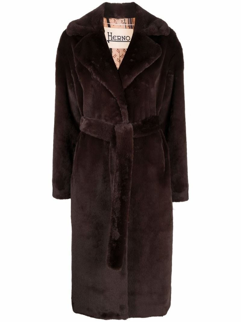 belted faux fur coat - 1