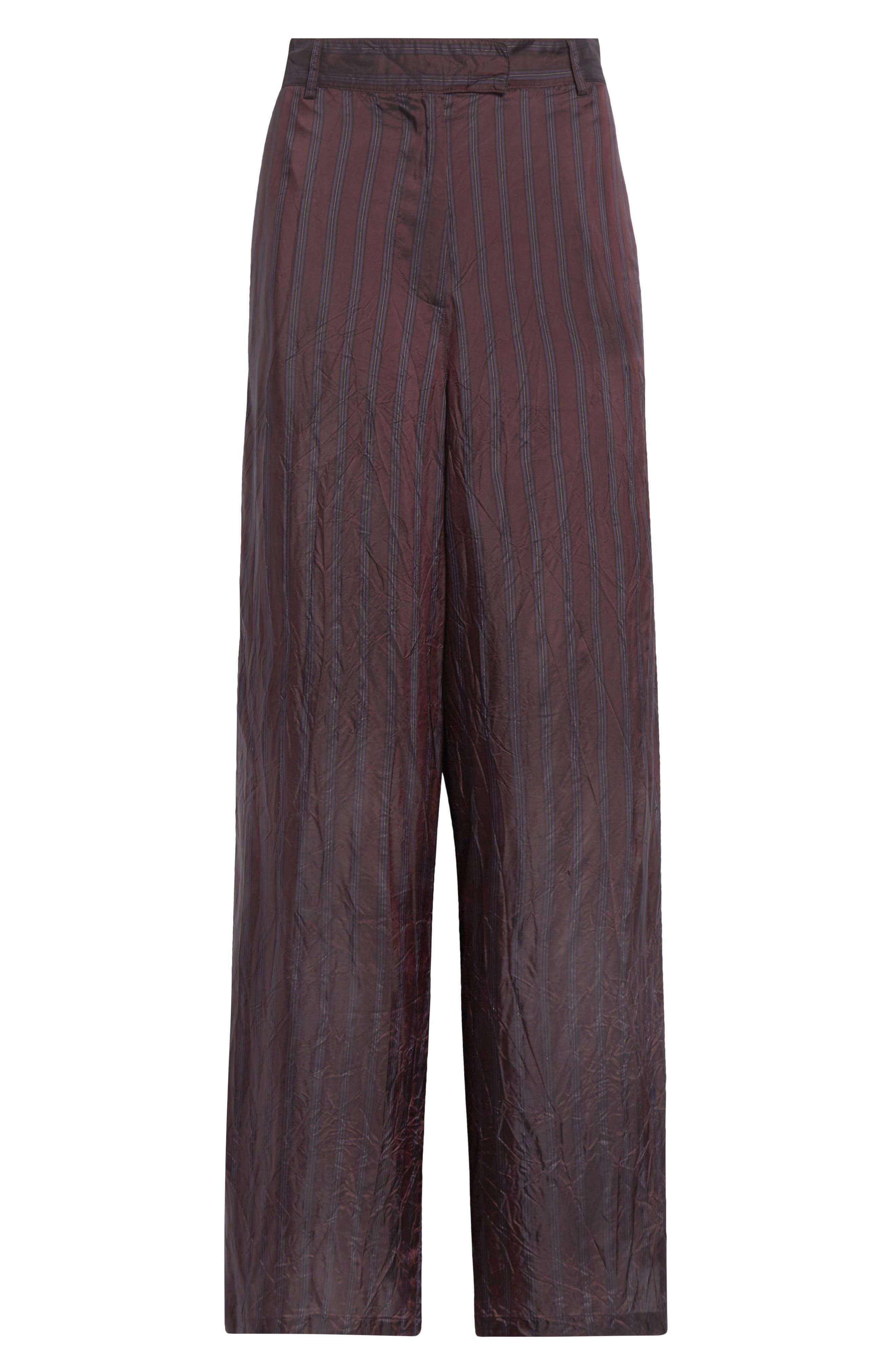 Dries Van Noten Peen Crinkled Stripe Cupro Wide Leg Pants in Burgundy at Nordstrom - 6