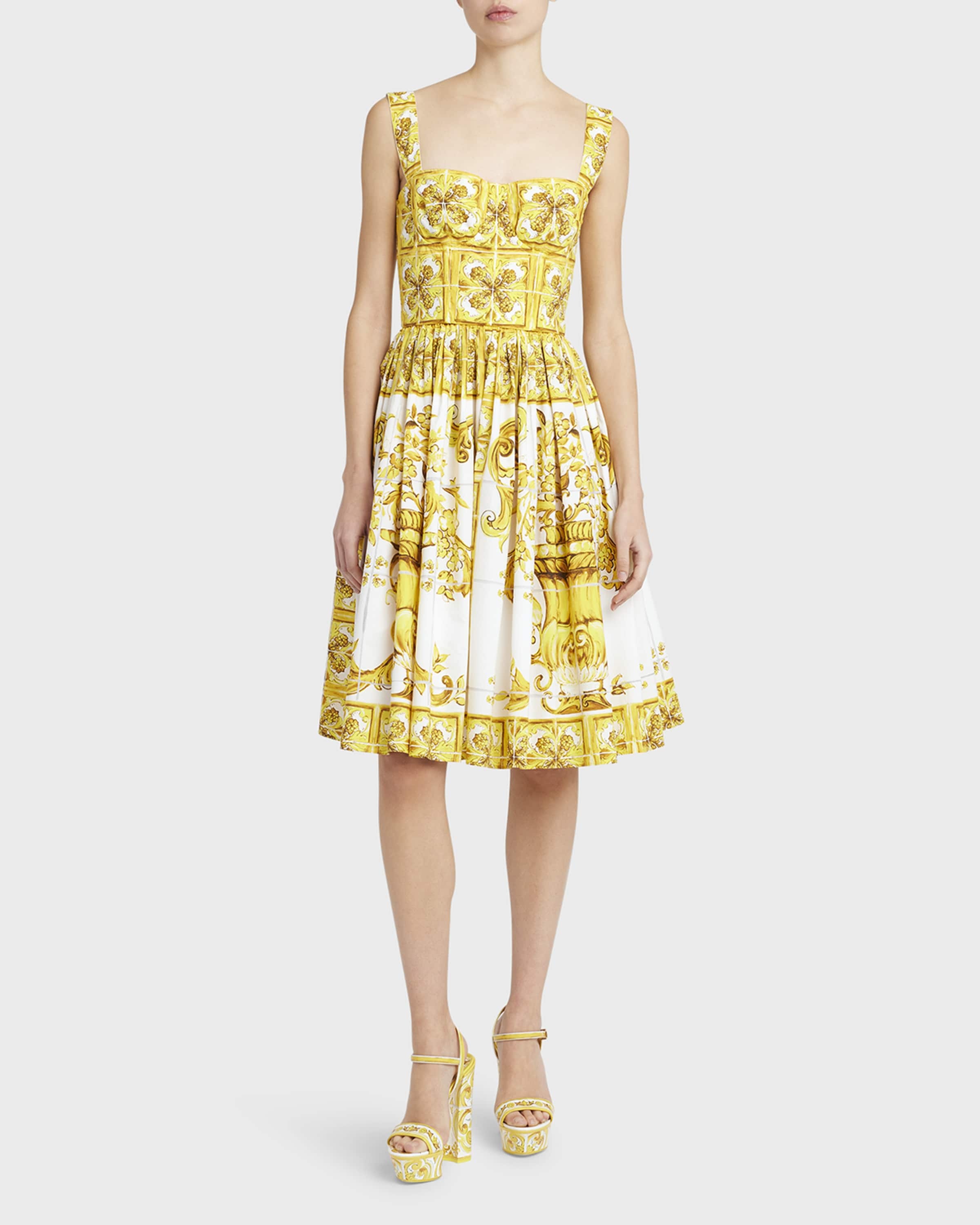 Dolce Gabbana Tile-Print Pleated Poplin Bustier Dress