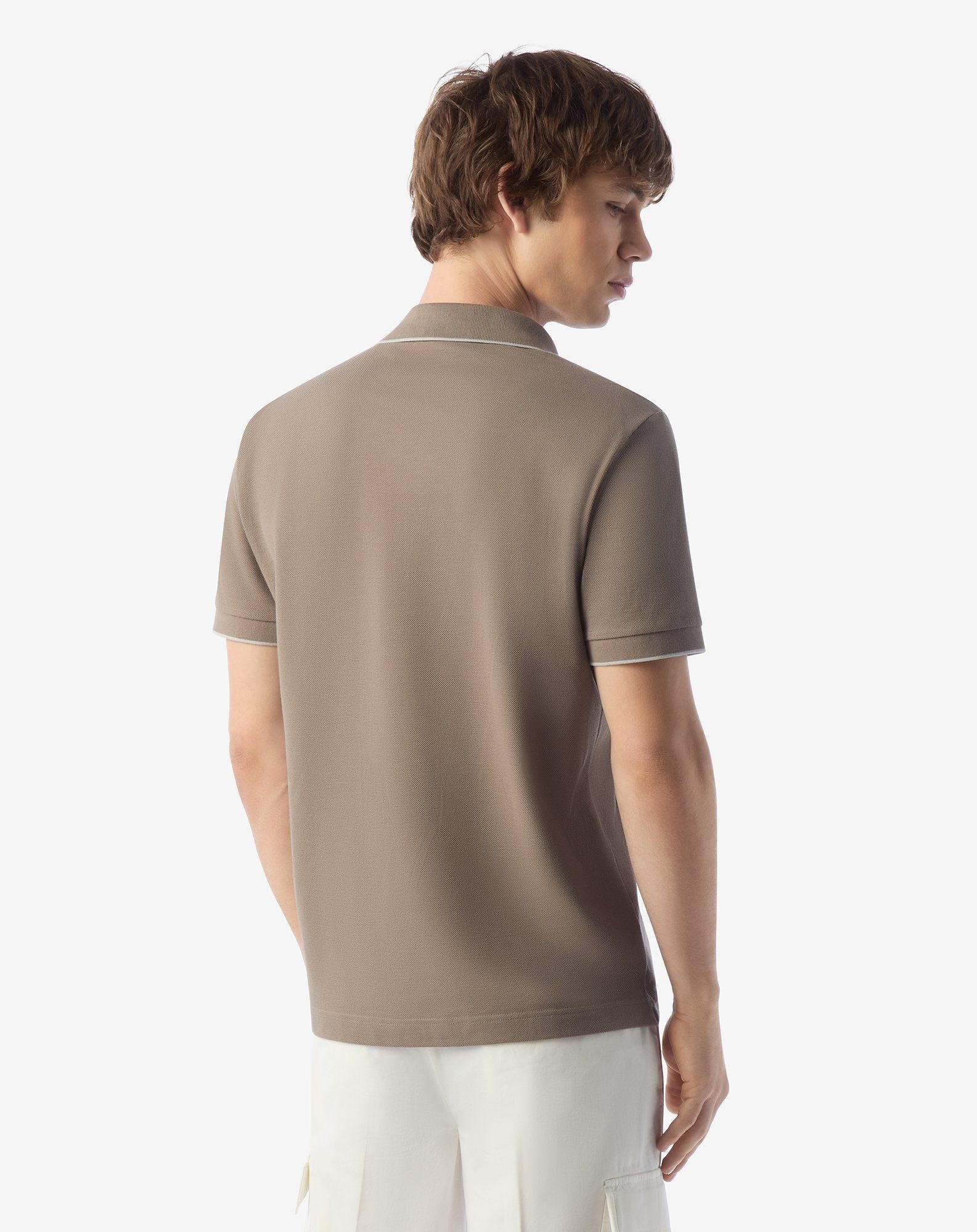 Taupe button-up compact cotton pique polo shirt - 3